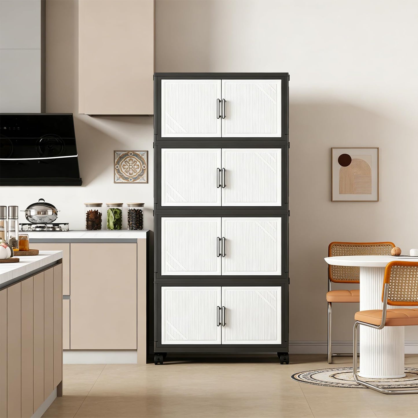 5 Tier Foldable Storage Cabinet with Top Lid, Tall Mobile PP Storage Organizer with Magnetic Doors and Wheels, Space-Saving Collapsible Organizer for Bedroom Living Room Kitchen Pantry Bathroom