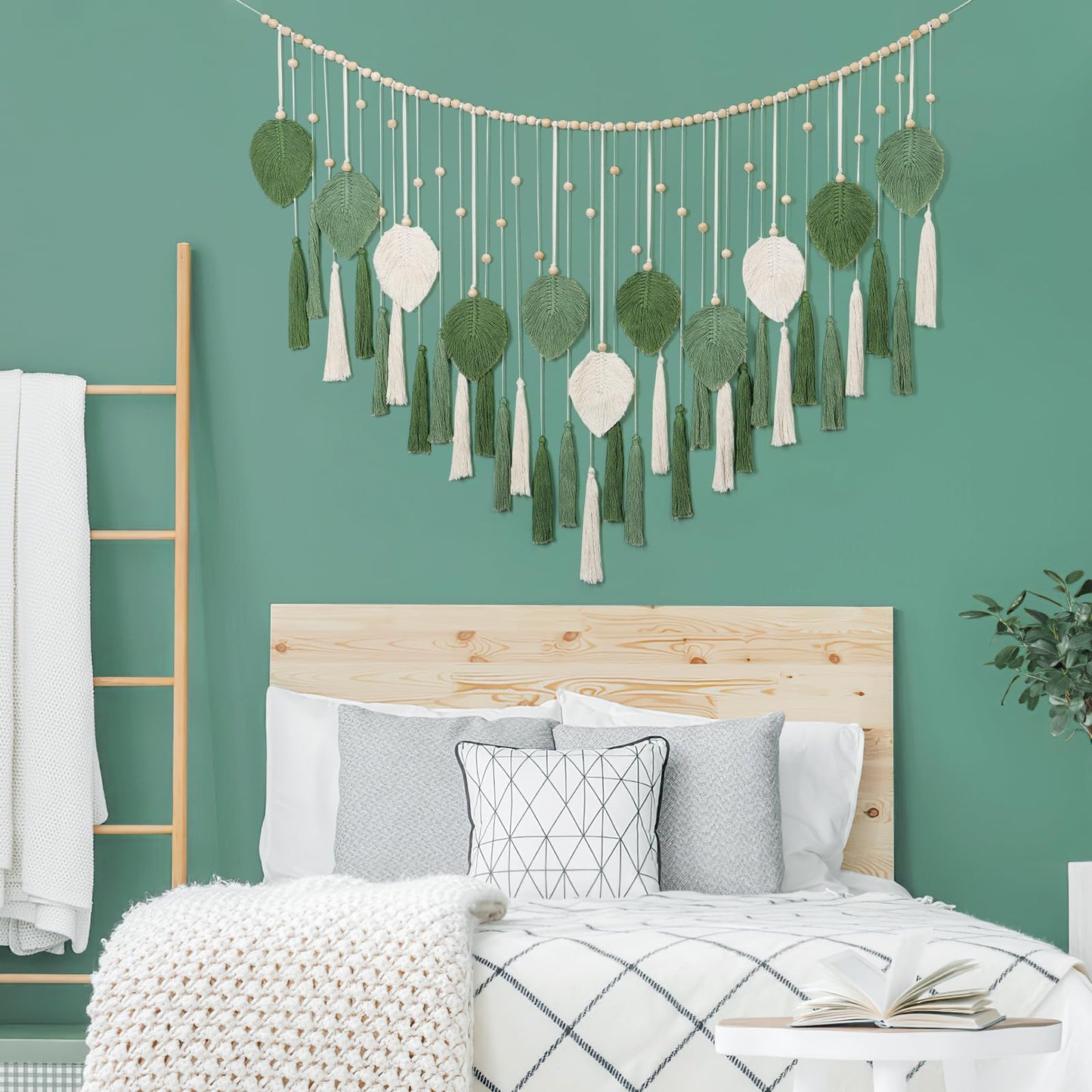Betylifoy Large Macrame Wall Hanging Boho Handmade Woven Tapestry with Wood Beads Beige Green Chic Leaf Feather Boho Wall Art Decor Macrame Tapestry Wall Decor for Bedroom Living Room Nursery Apartment 51.2"W X 31.5"L