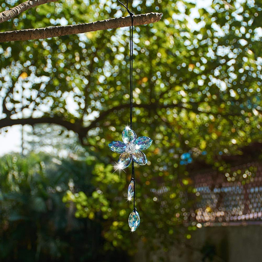 Crystal Flower Rear View Mirror Pendant Car Hanging Ornament Lucky Accessory, Colorful