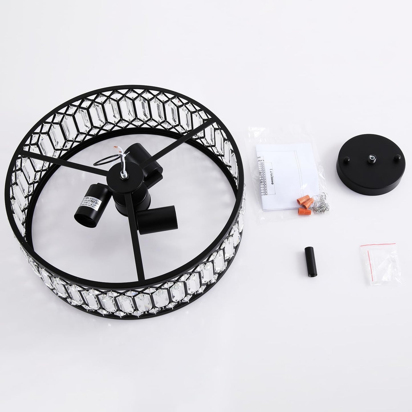 16" Black Crystal Ceiling Light, 3-Light Modern Semi Flush Mount Ceiling Light Fixture, Round Crystal Chandelier for Dining Room Bedroom Living Room Kitchen Hallway, E26 Sockets
