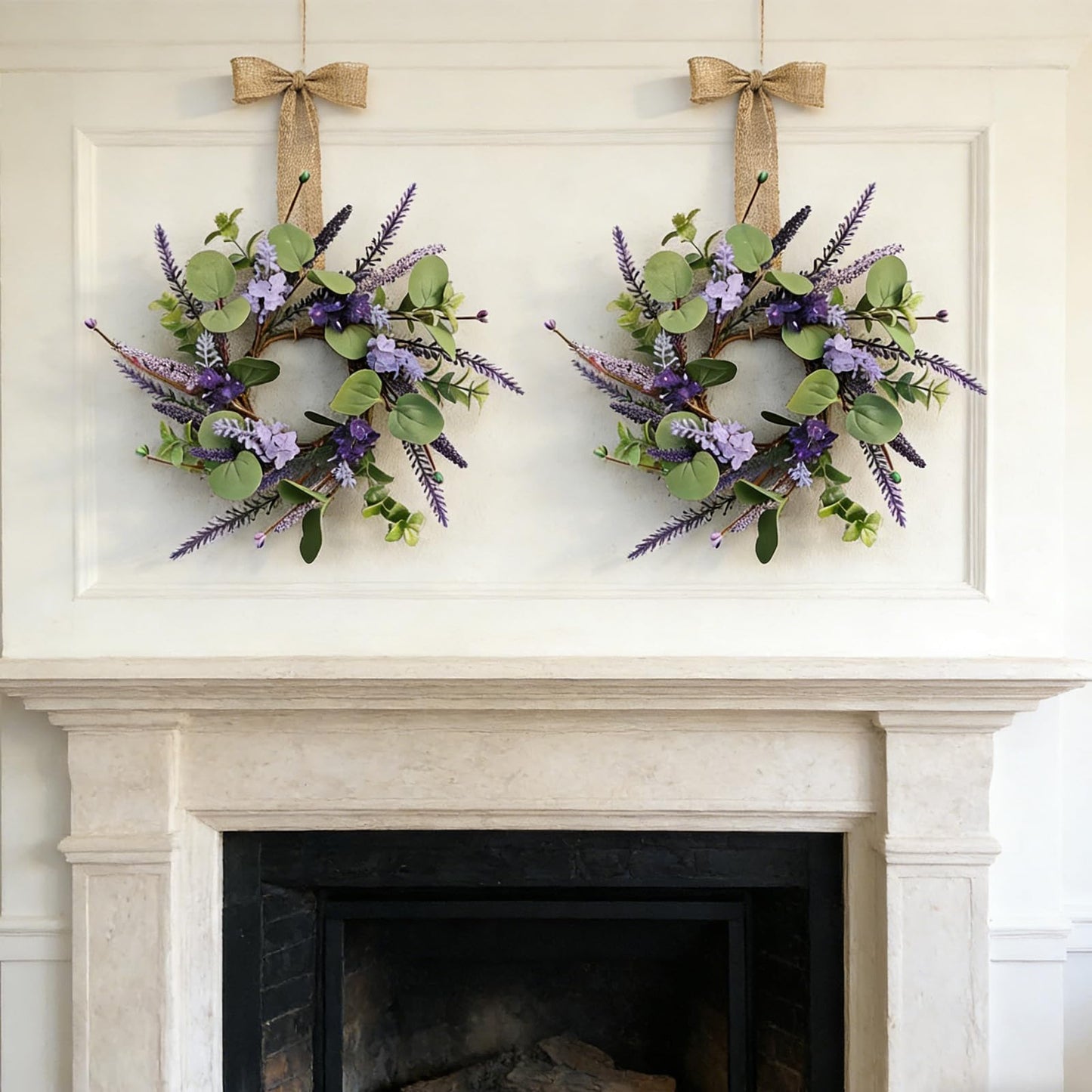 6 Pcs Small Lavender Hanging Wreaths for Cabinets with Violet Hydrangea Flowers and Eucalyptus Leaves Spring Summer Mini Candle Ring Wreath for Home Kitchen Front Door Window Porch Wall Wedding Decor