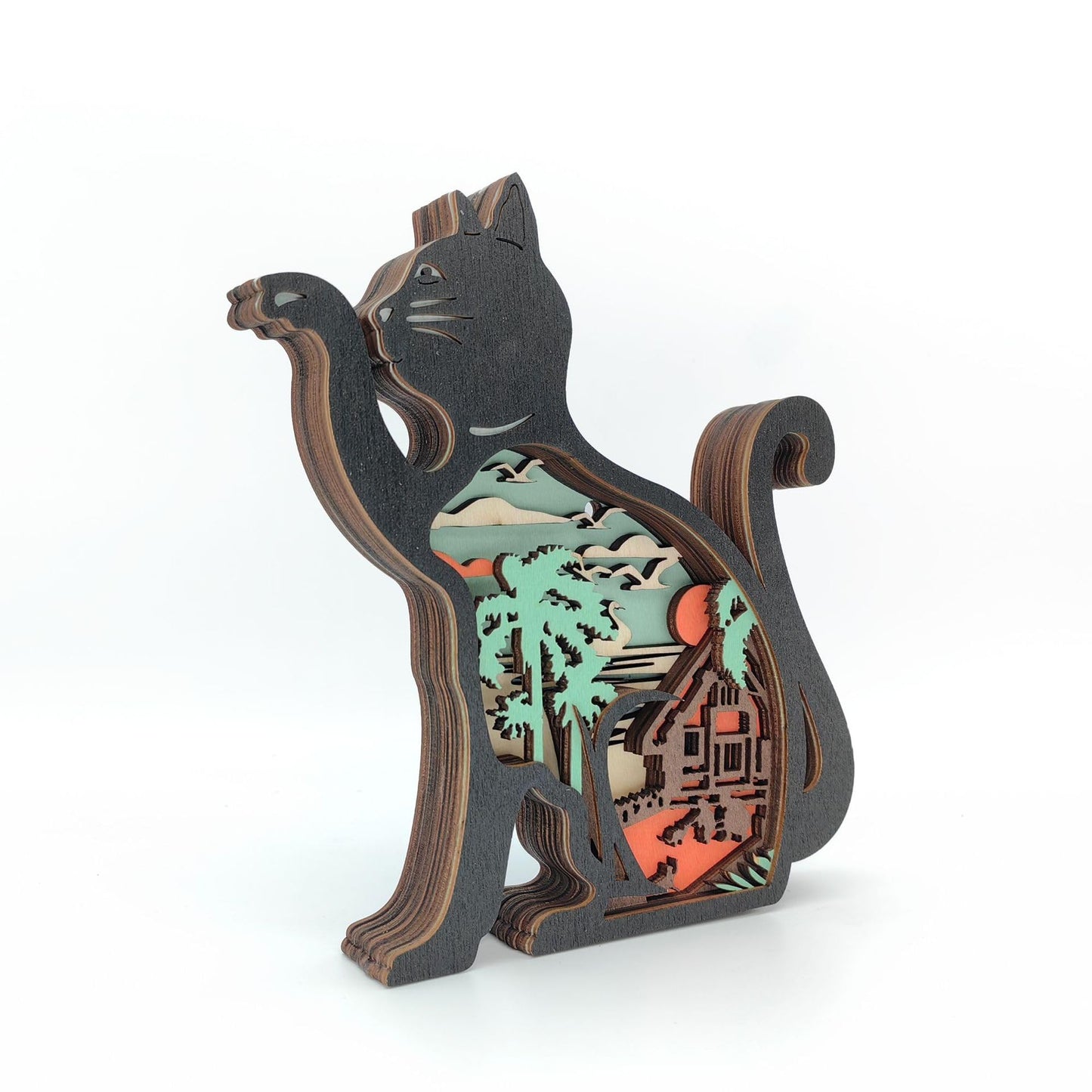 Drawelry 3D Wooden Carving Animals Lamp - Creative Fox Squirrel Wood Carved LED Night Light Garden Yard Wooden Animals Sculpture Ornaments Desktop Home Decor Birthday Gifts for Family Friend (Cat)