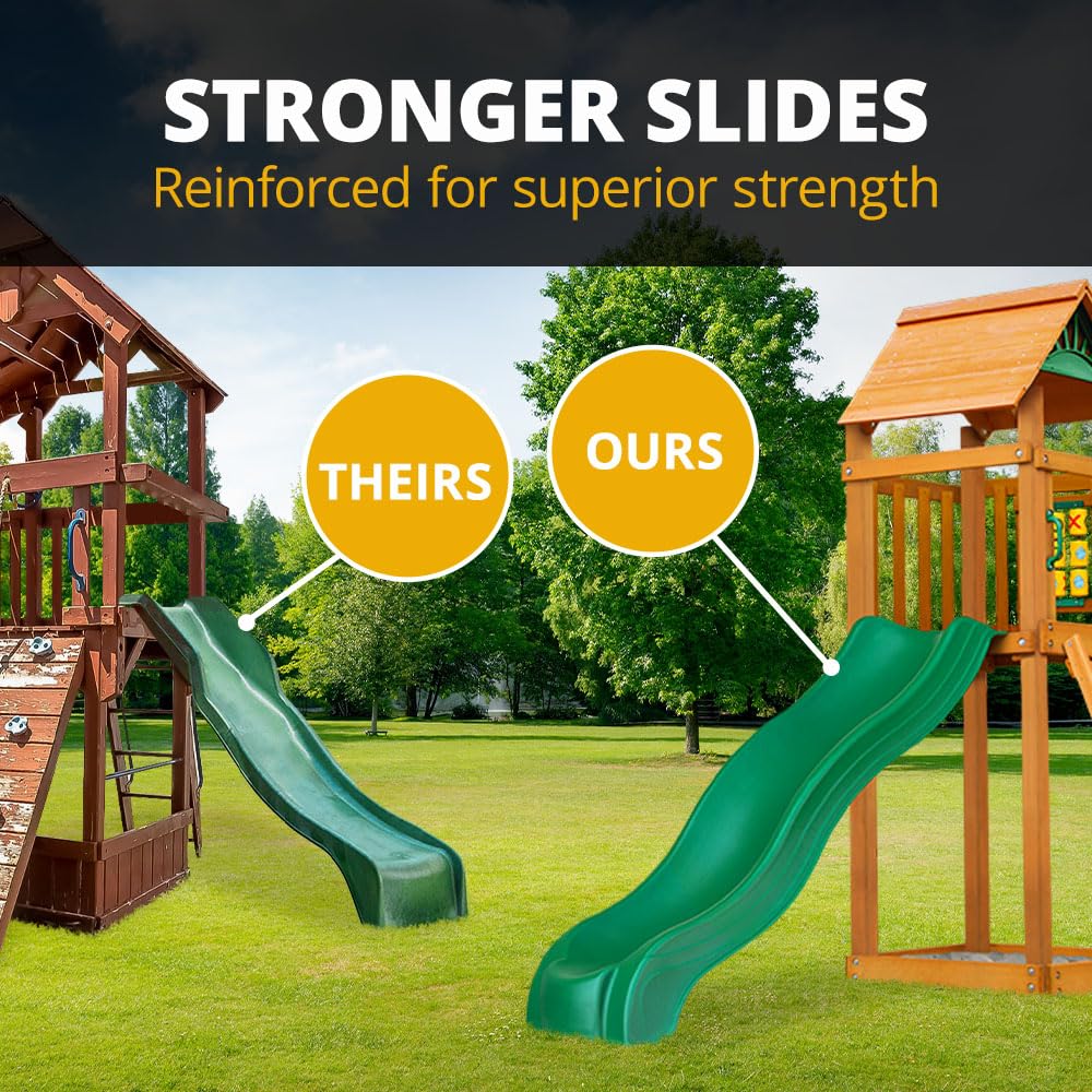Gorilla Playsets 01-1069-Y Outing Wood Swing Set with Wood Roof and Monkey Bars - Yellow Slide, Amber