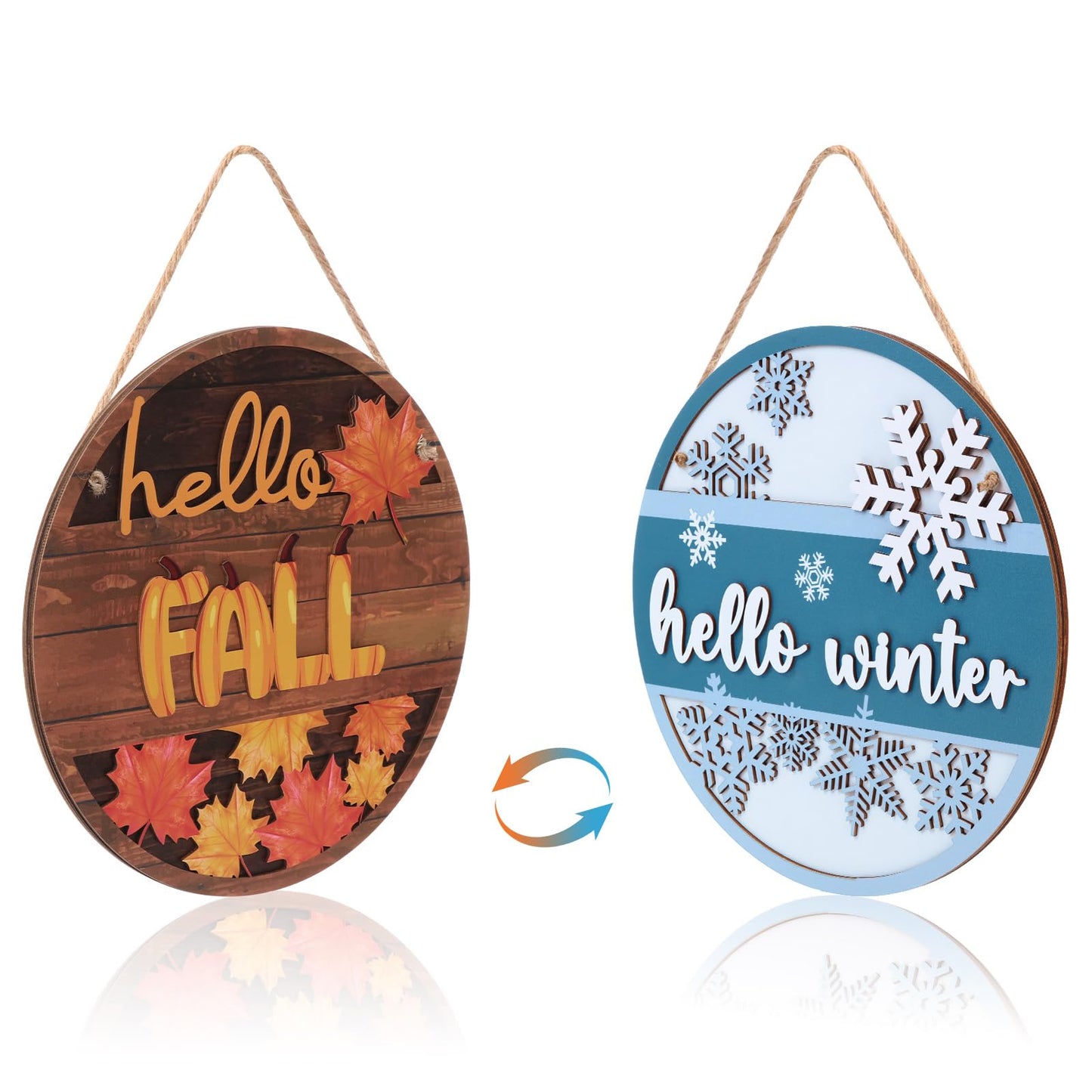 Bucherry Two Sided Fall Winter Door Sign 3D Thickened Wooden Reversible Fall Thanksgiving Decor Christmas Decorations Maple Leaves Snowflakes Welcome Door Sign for Autumn Winter Yard Home Decorations