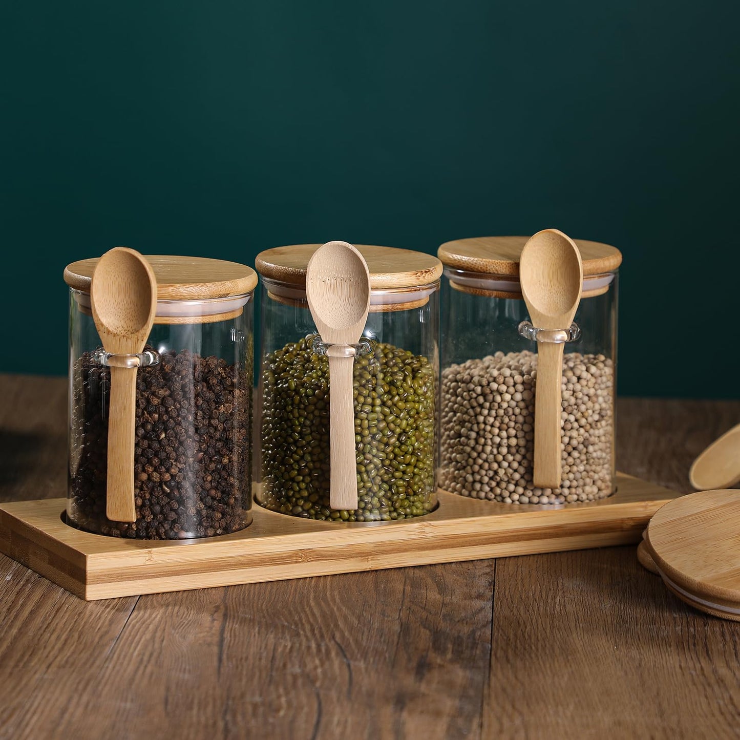 GURUDAR Glass Spice Storage Container with Spoon, 3PCS 20oz Airtight Sealed Condiment Jar with Tray, Kitchen Pantry Seasoning Canister Set for Salt Coffee Sugar Tea & Bathroom Cotton Swab Ball
