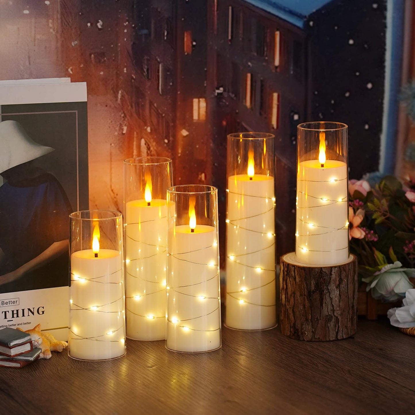 kakoya Flameless LED Candles with Timer 5 Pc Flickering Flameless Candles for Romantic Ambiance and Home Decoration Stable Acrylic Shell,with Embedded Star String,Battery Operated Candles(White)