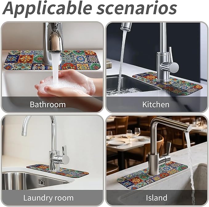 Kitchen Sink Splash Guard,Colorful Mexican tile Faucet Mat Sink Gadgets-Super