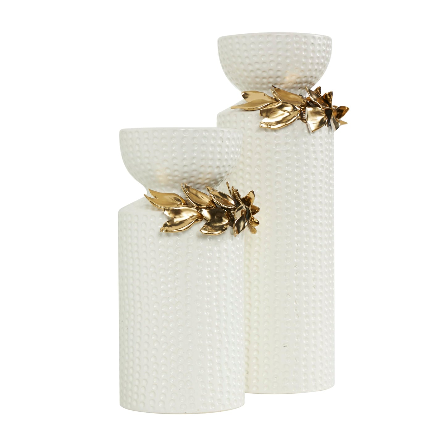 Deco 79 Ceramic Decorative Candle Holder Candle Stand with Abstract Spotted Pattern and Gold Leaf Accents, Set of 2 Candlestick Holder 12", 9" H, White