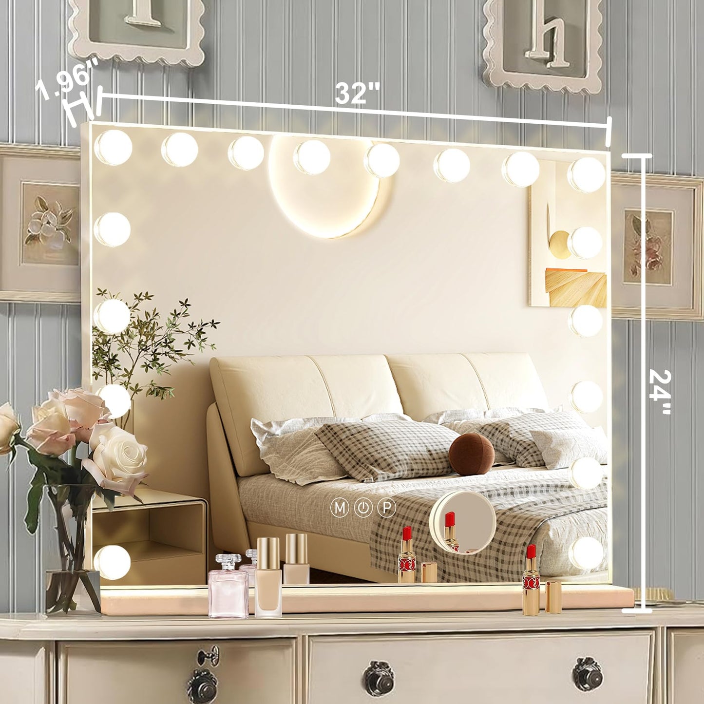 Ratsamee Hollywood Vanity Mirror with Lights, 18 Dimmable Bulbs, 3 Color Lights,Make Up Lighted Mirror, Aluminum Metal Frame, USB Charging Port(32" x 24")