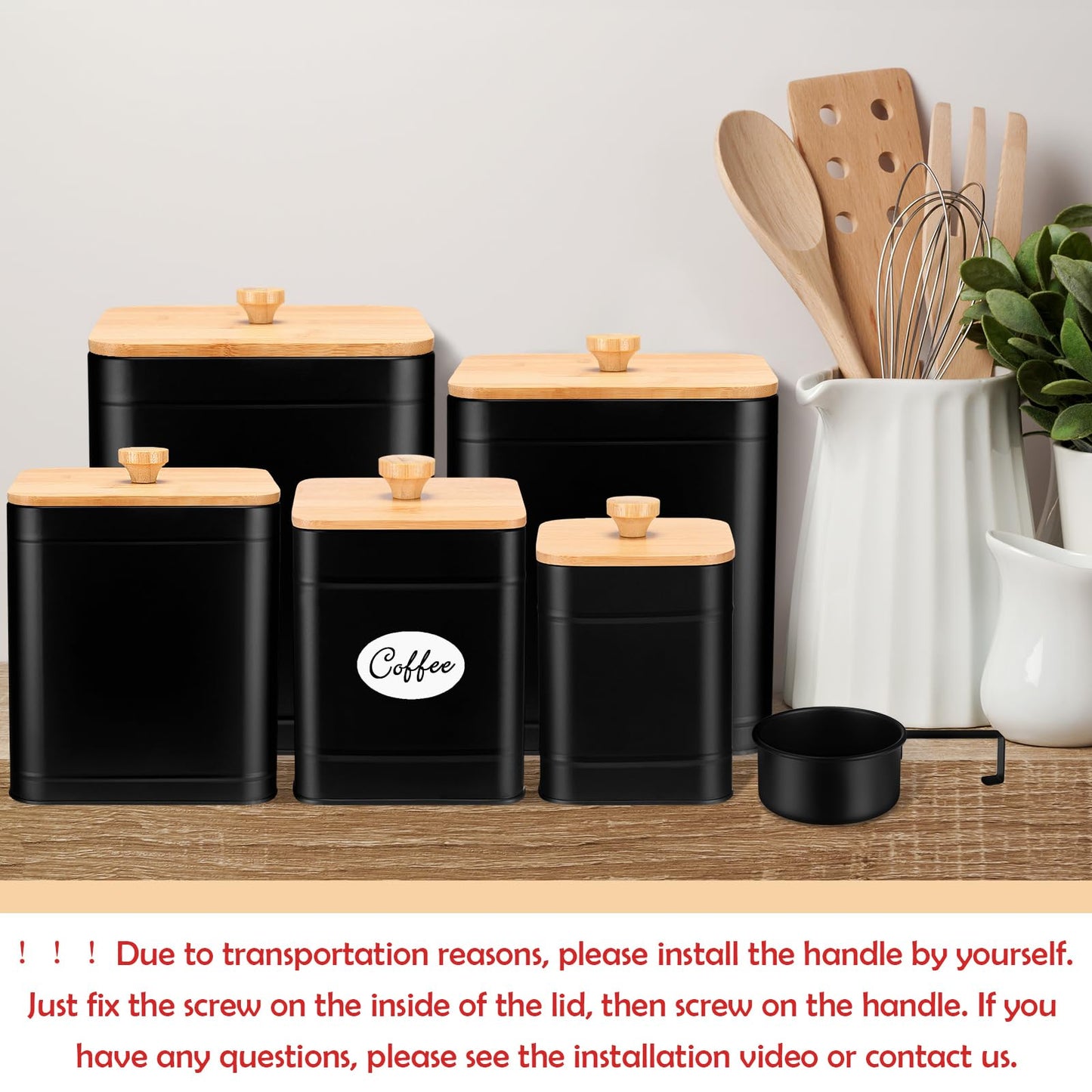 Buryeah 5 Pcs Kitchen Canisters for Countertop with Labels Airtight Metal Containers Coffee Tea Sugar Flour Jars with Spoon Farmhouse Big Food Storage Set for Kitchen(Black)