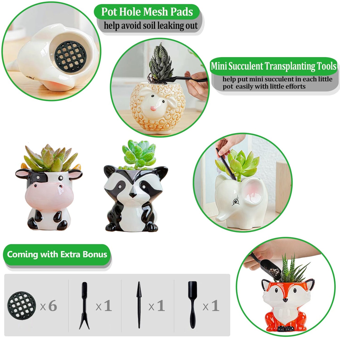 Melphoe 6Pcs Air Plant Holders Cartoon Shaped Small Succulent Pot Animal Planter Small Ceramic Pot Drainage for Mini Plant Cactus Flower, Tillandsia Air Fern, Display Stand Home, Office Desktop