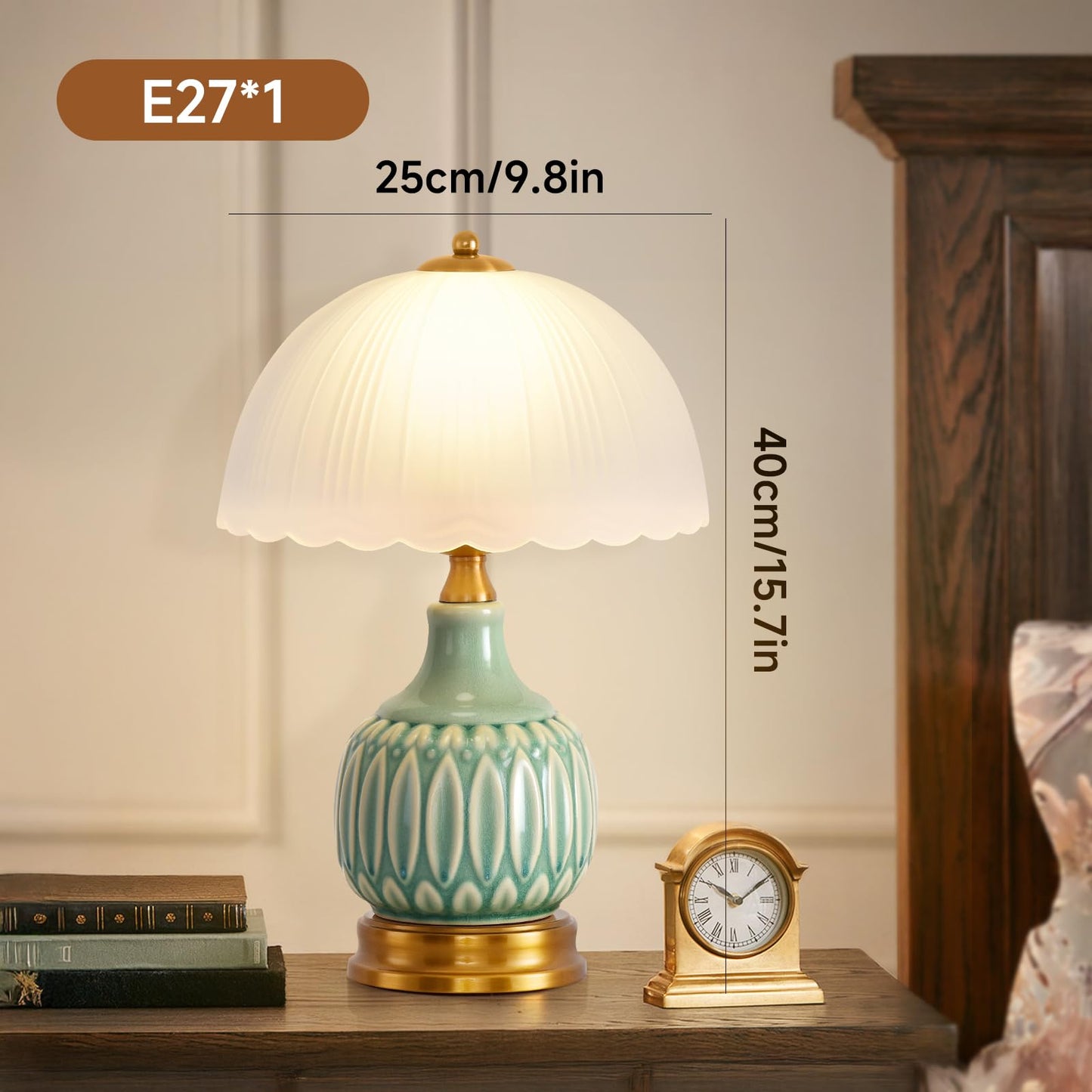 WELAISA Table Lamps Ceramic Retro Lamp for Living Room,15.7" Modern Bedside Nightstand Traditional Lamps, Classic Chinoiserie Green Glass Lamp for Home (Retro)