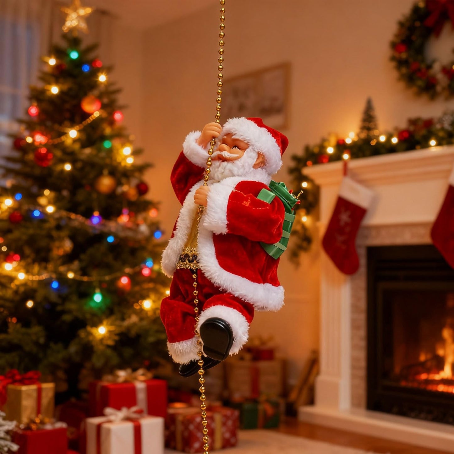 Santa Claus Musical Climbing Rope, 2026 New Electric Climbing Santa on Rope, Hanging Climbing Santa on Rope with Funny Musical, for Christmas Tree Fireplace Home Décor (1PCS)