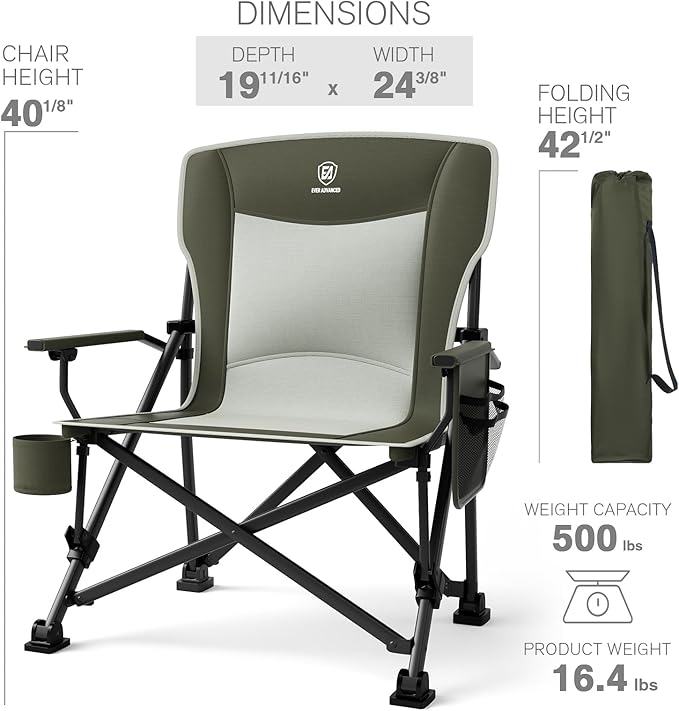 EVER ADVANCED Oversized Folding Camping Chair, for Adults Heavy Duty Lawn Chair with Side Pockets, Portable Collapsible Quad Chair for Outside, Support Up to 500lbs, Green 2Pack
