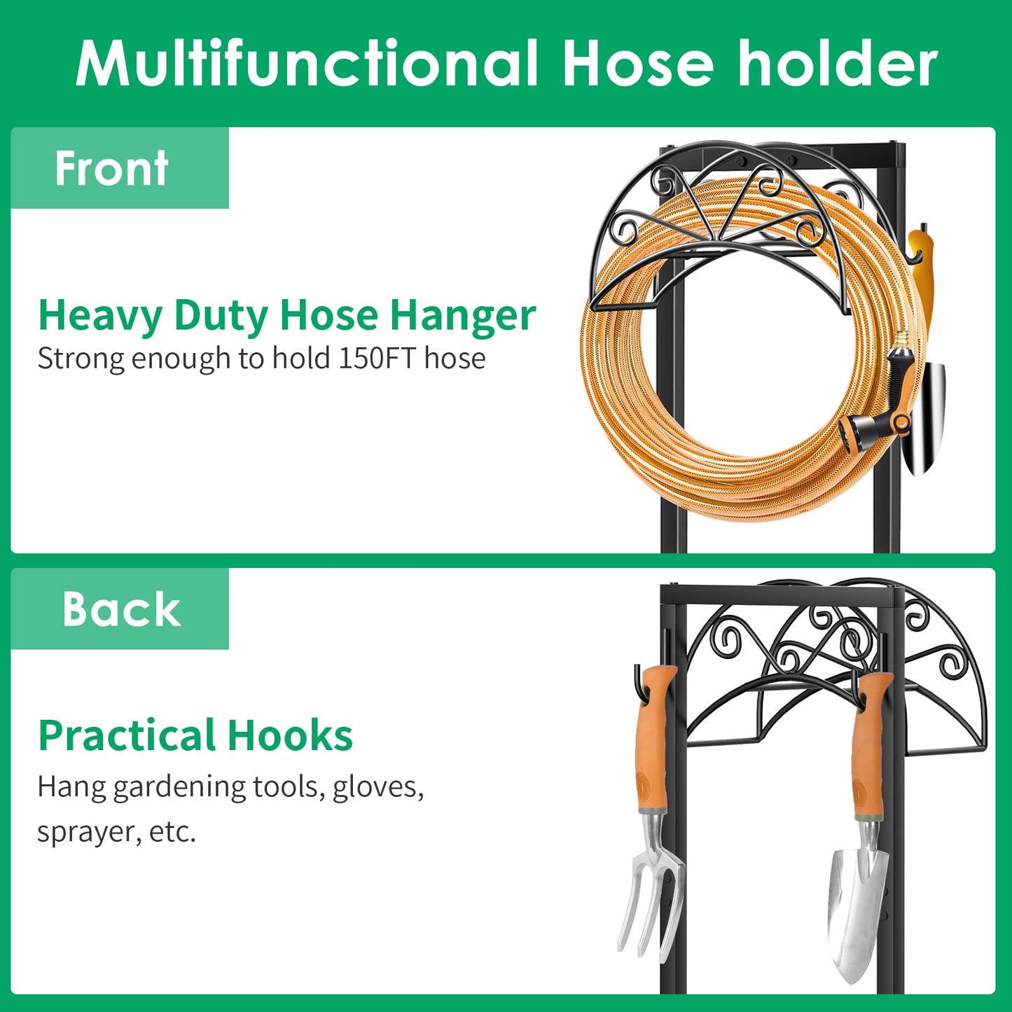TomCare Garden Hose Holder Heavy Duty Water Hose Holder Holds 160 FT Hose 4 Spikes Hose Reel with 2 Tool Hooks Freestanding Hose Hanger Sturdy Hose Storage Stand for Outside Yard Lawn, Black