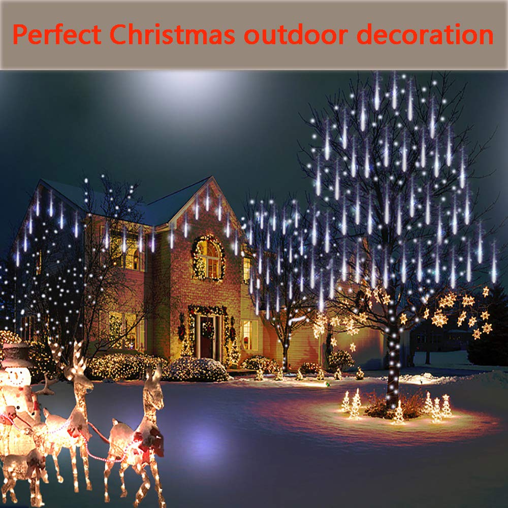 Purtuemy Christmas Lights Outdoor, Meteor Shower Lights 12 inch 8 Tubes LED Snow Falling Icicle for Christmas Decoration Tree Garden Wedding Party Holiday, White