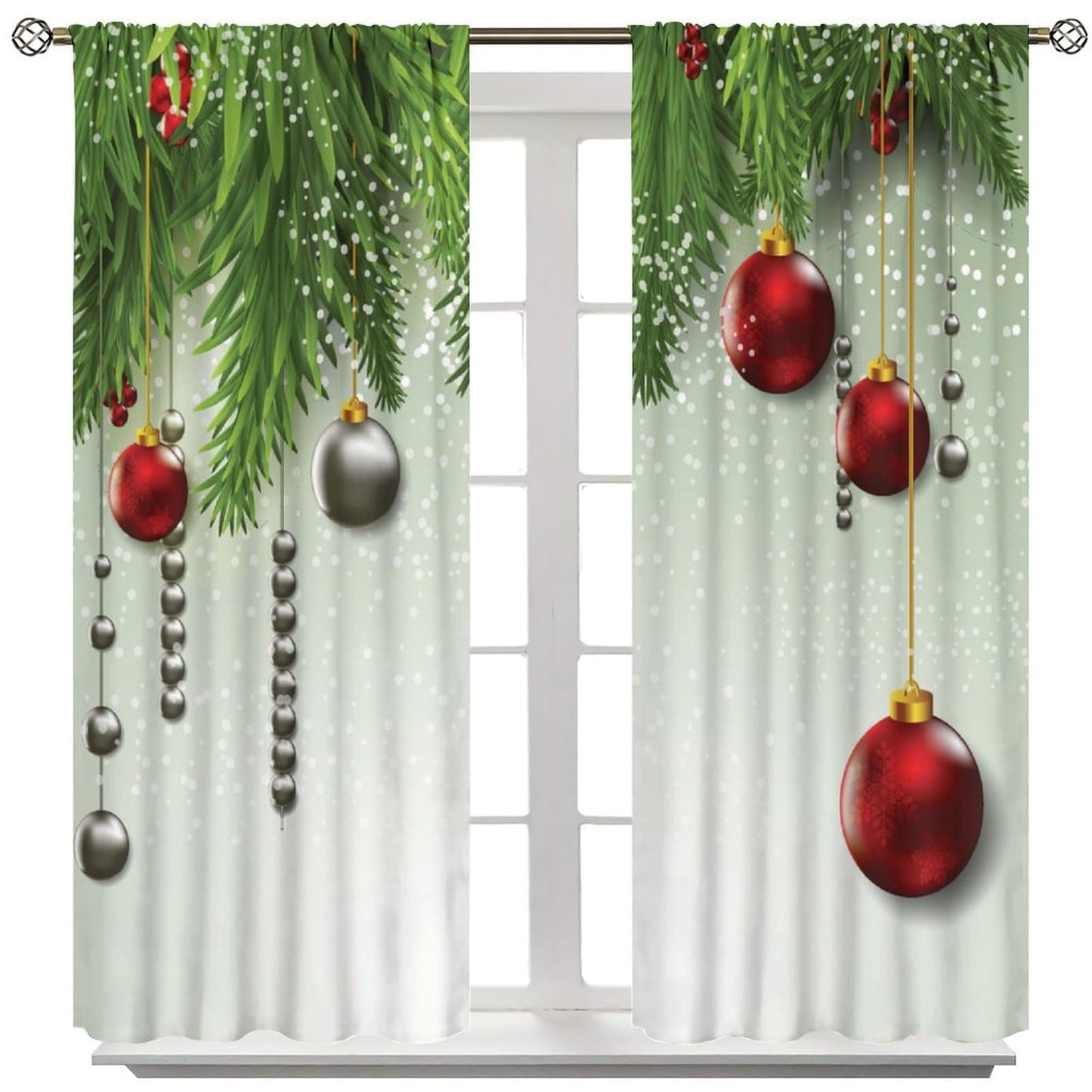 Christmas Curtain Decor Ball Coniferous Pine Tree Twig Tinsel Merry Xmas Blackout Window Treatment for Living Room Bedroom Dining Home Decor Window Drapes 52" W X 84" L