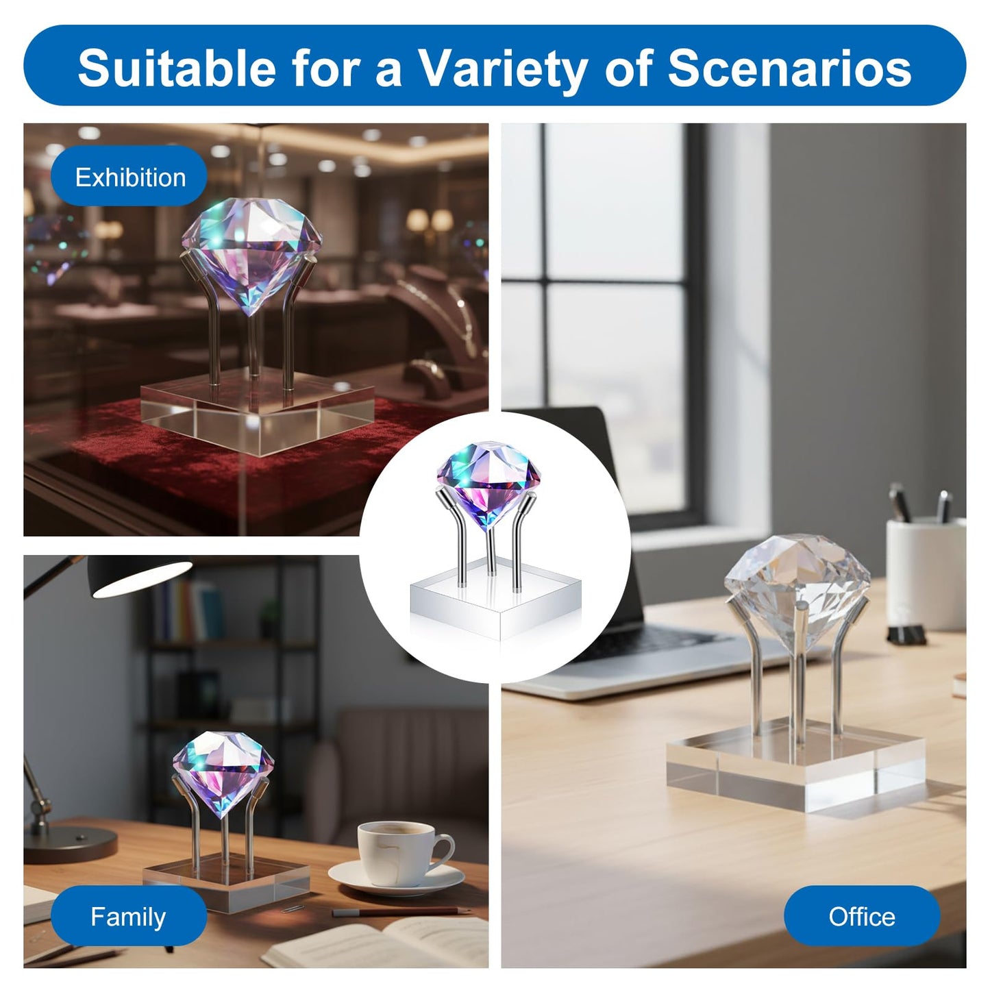 Caeuiciw 12 Pack Clear Acrylic Easel Stand for Rocks, Metal 3 Peg Rock Display Easel Stands for Fossil Coral Crystal Geodes Rock Mineral Agate Small Collectibles Acrylic Holder(1.6”x1.6”, Silver)