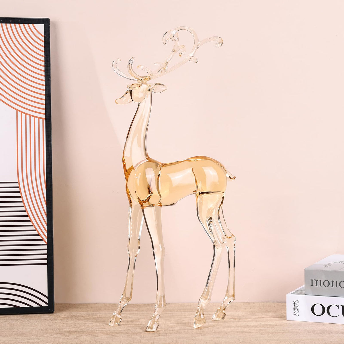 18" Tall Acrylic Christmas Reindeer Figurine - Elegant Clear Large Reindeer Ornaments for Christmas Indoor Decor, Holiday Centerpiece, Living Room, Fireplace, Table Display (Gold Standing Reindeer)