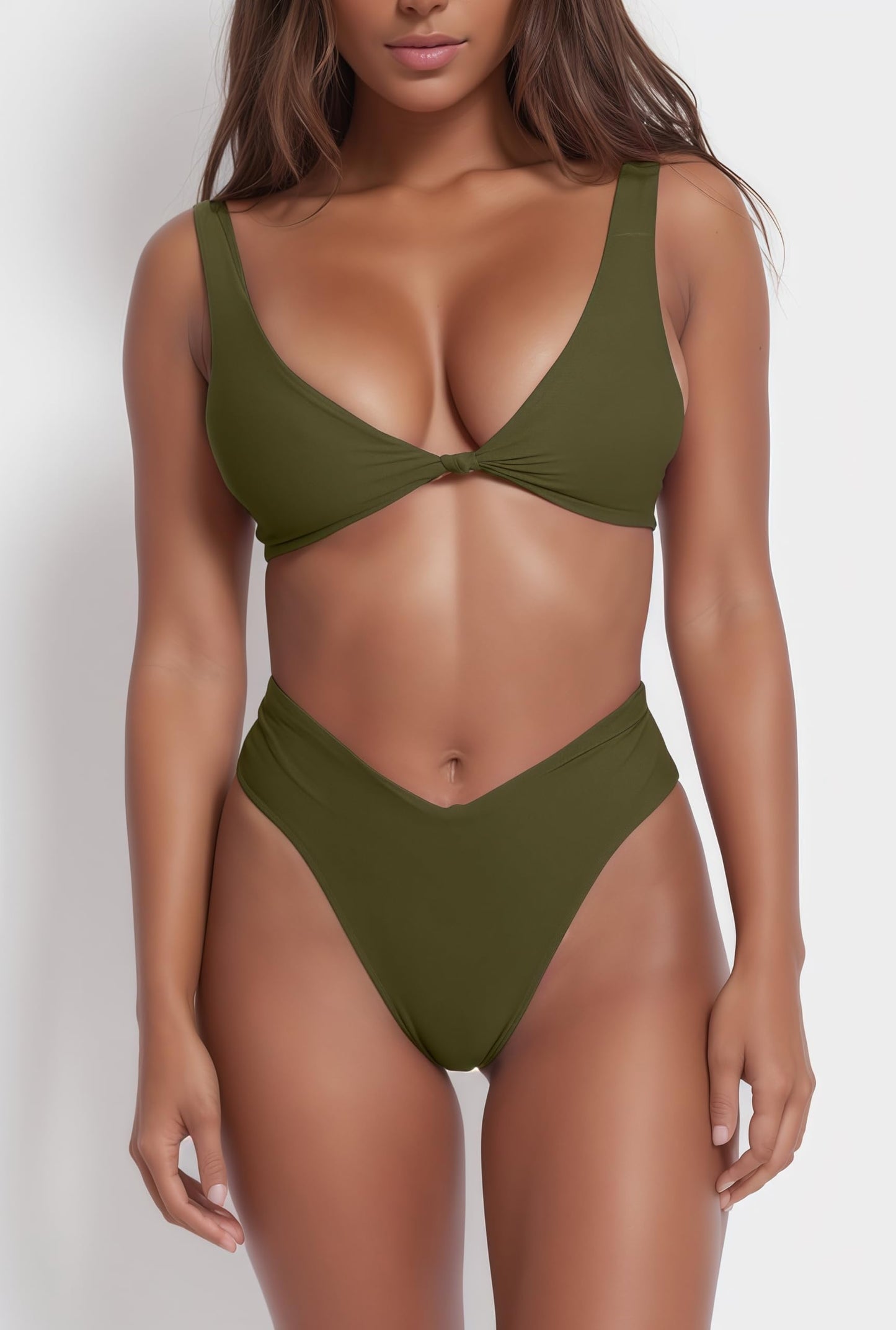 geluboao Army Green High Cut Swimsuit for Women Two Piece Sexy V Neck Push Up Swim Bras Cute High Waisted High Leg Thong Bottom M