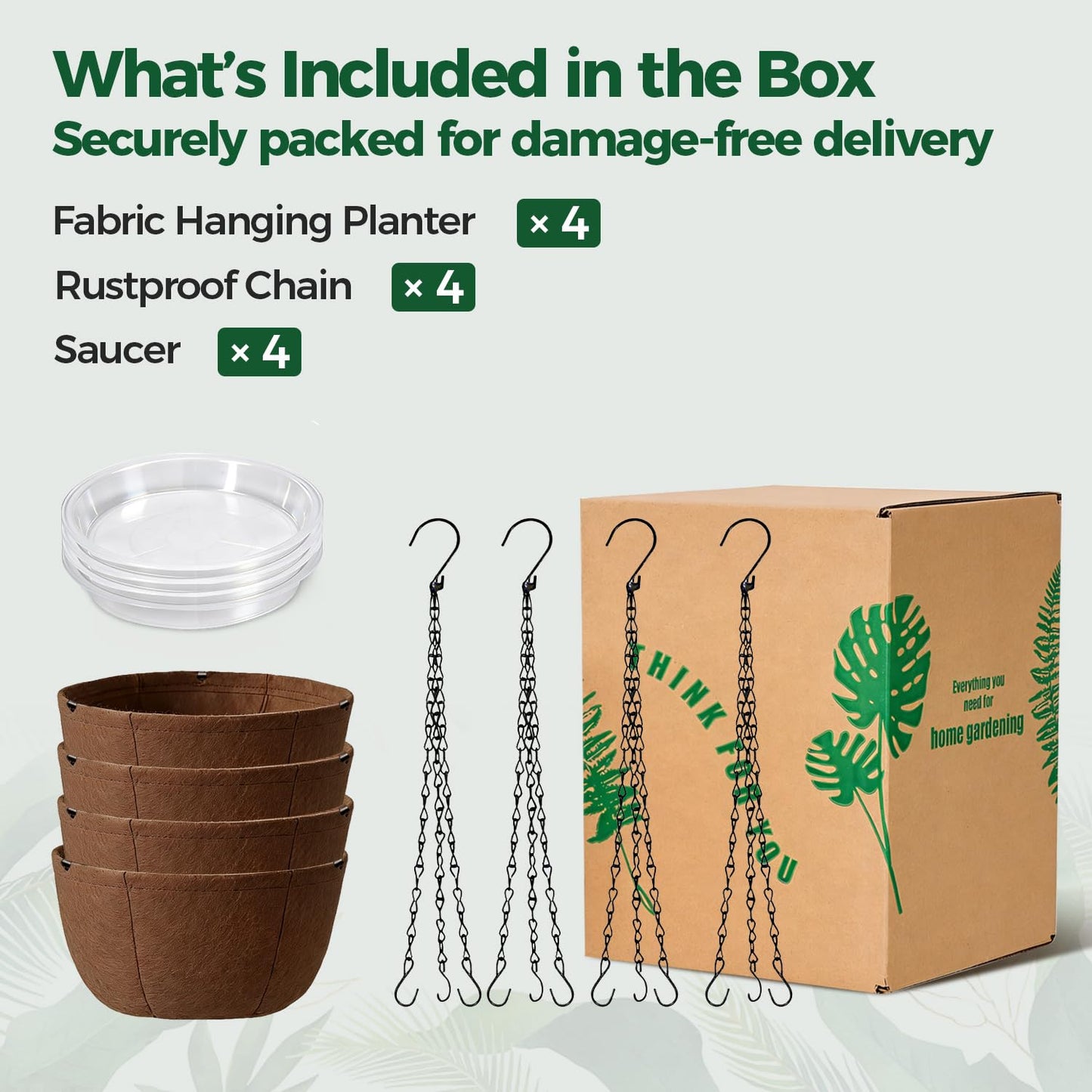 T4U Hanging Planters for Outdoor Plants, 12 Inch 4 Pack Fabric Hanging Baskets with Drainage Tray, Decorative Hanging Pots for Plants Outdoor Patio Porch Garden Use(Brown)
