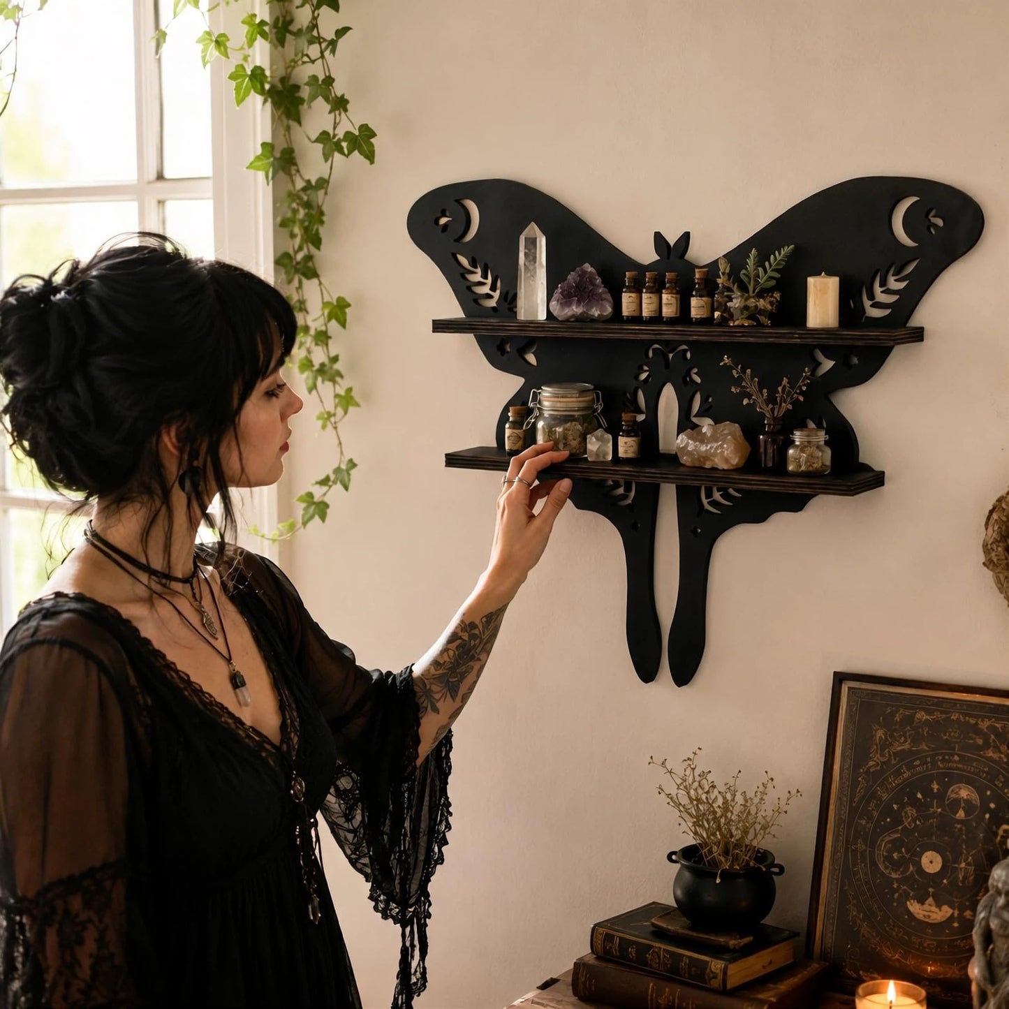 HBSGS Crystal Display Shelf Wall Gothic Shelves with LED Light, Luna Moth Theme, for Trinket, Crystal Rock, Gem, Healing Stone, Essential Oil (Moth-15.7 * 11.8inch/40 * 27.5cm)