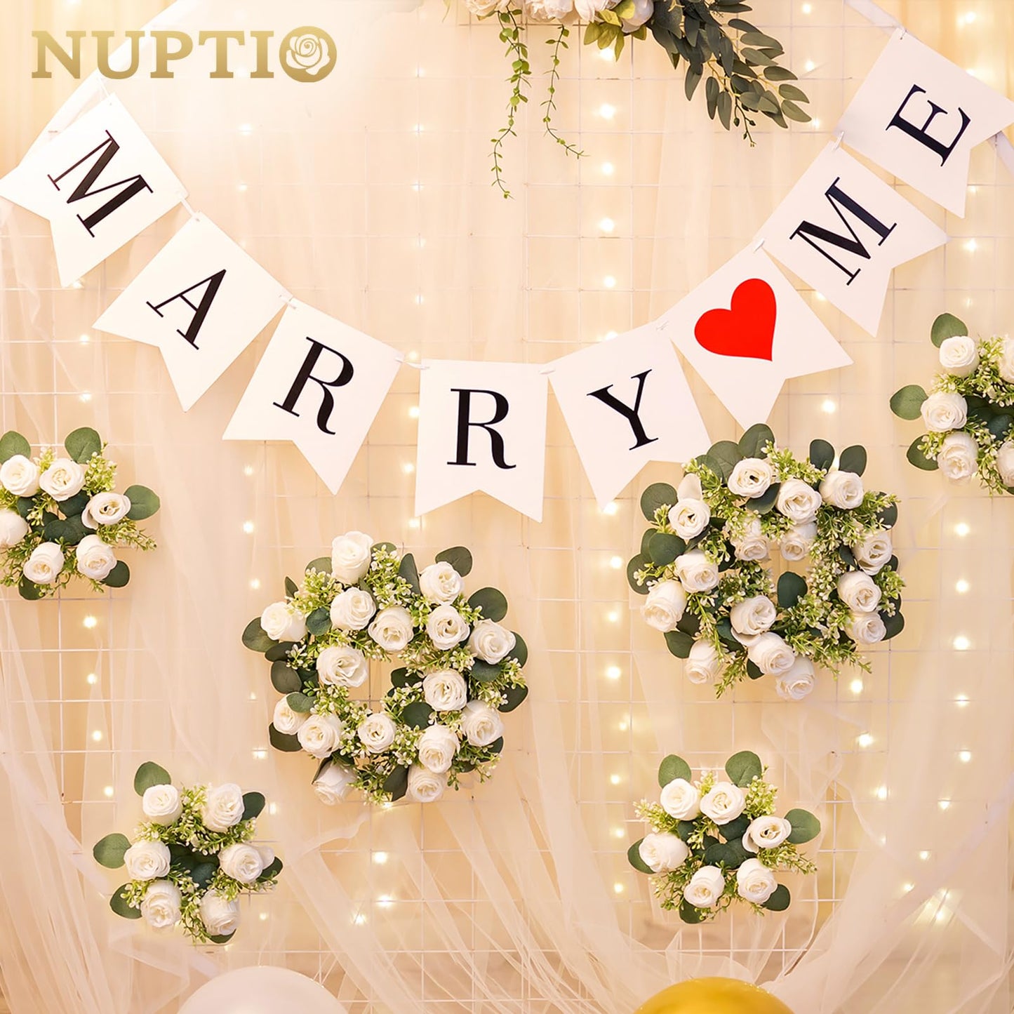 NUPTIO Flower Wedding Centerpieces for Tables - 10 Pcs 14 inch Diam Large White Artificial Flowers Fake Roses Candle Rings Wreaths Spring Summer Wreath for Front Door Weddings Party Ceremony Decor