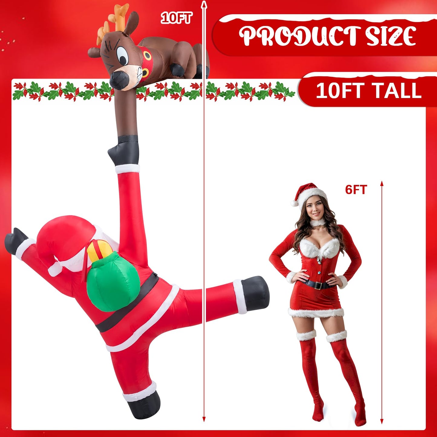 10 FT Hanging Inflatable Outdoor Decoration, Inflatable Elk and Climbing Santa Blow Up Yard Decor with Build-in LEDs, Inflatable Decorations for Outdoor Yard Garden