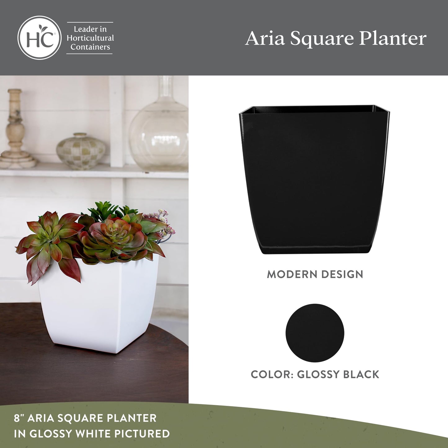 The HC Companies ASP08000P26 Square Planter, 8", Black Onyx