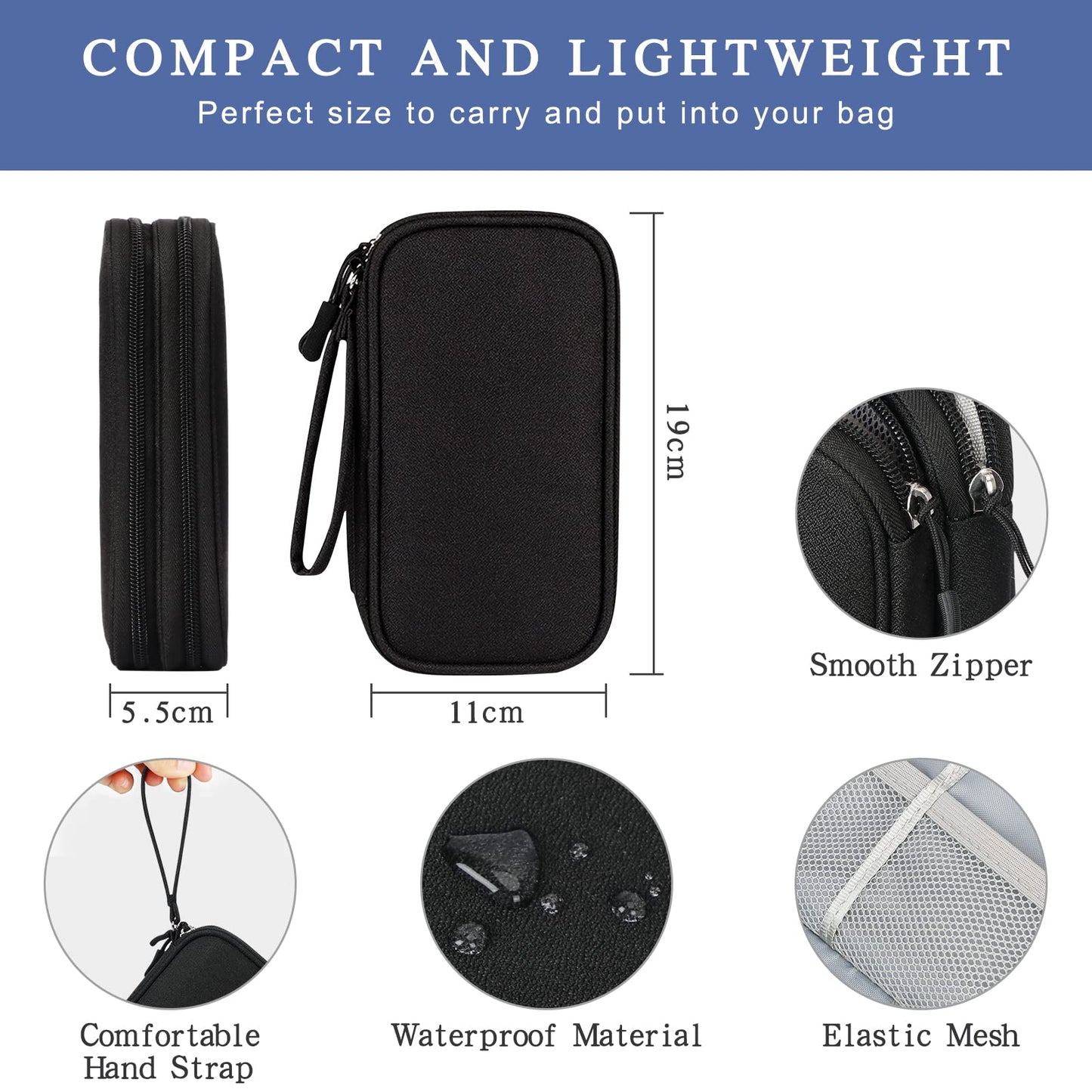 Simpolor Cable Organiser Bag, Double-Layer Electronics Accessories Bag Organiser for Cables, Universal Carry Travel Gadget Bag for Cables, Power Bank, USB Drive, Charger Hard Disk - Black