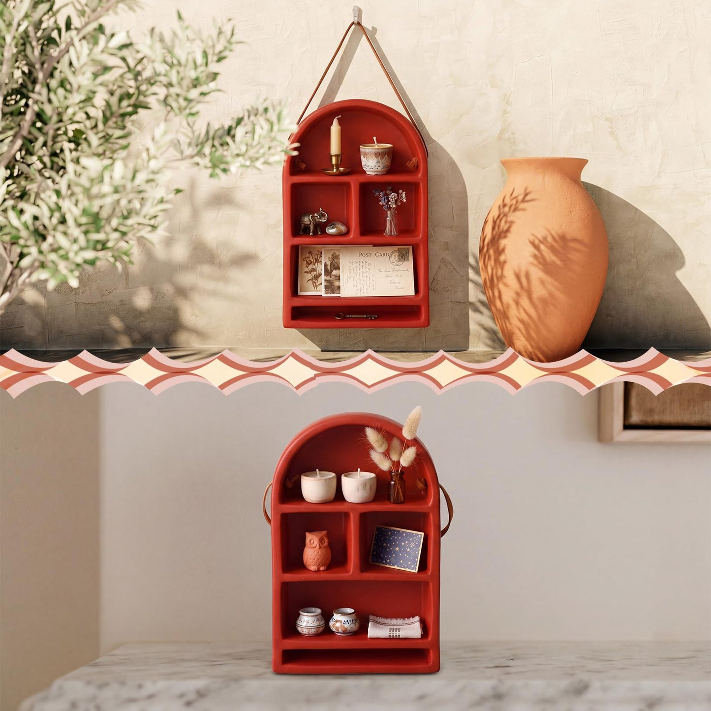 Ferrochef Nordic Arch Shelf 5.5 x 8.7 Inch Ceramic Arched Wall Cabinet Floating Wall Shelves with Hanging Rope for Miniature Display and Trinket Storage Shrine Home Decor(Terra Cotta)