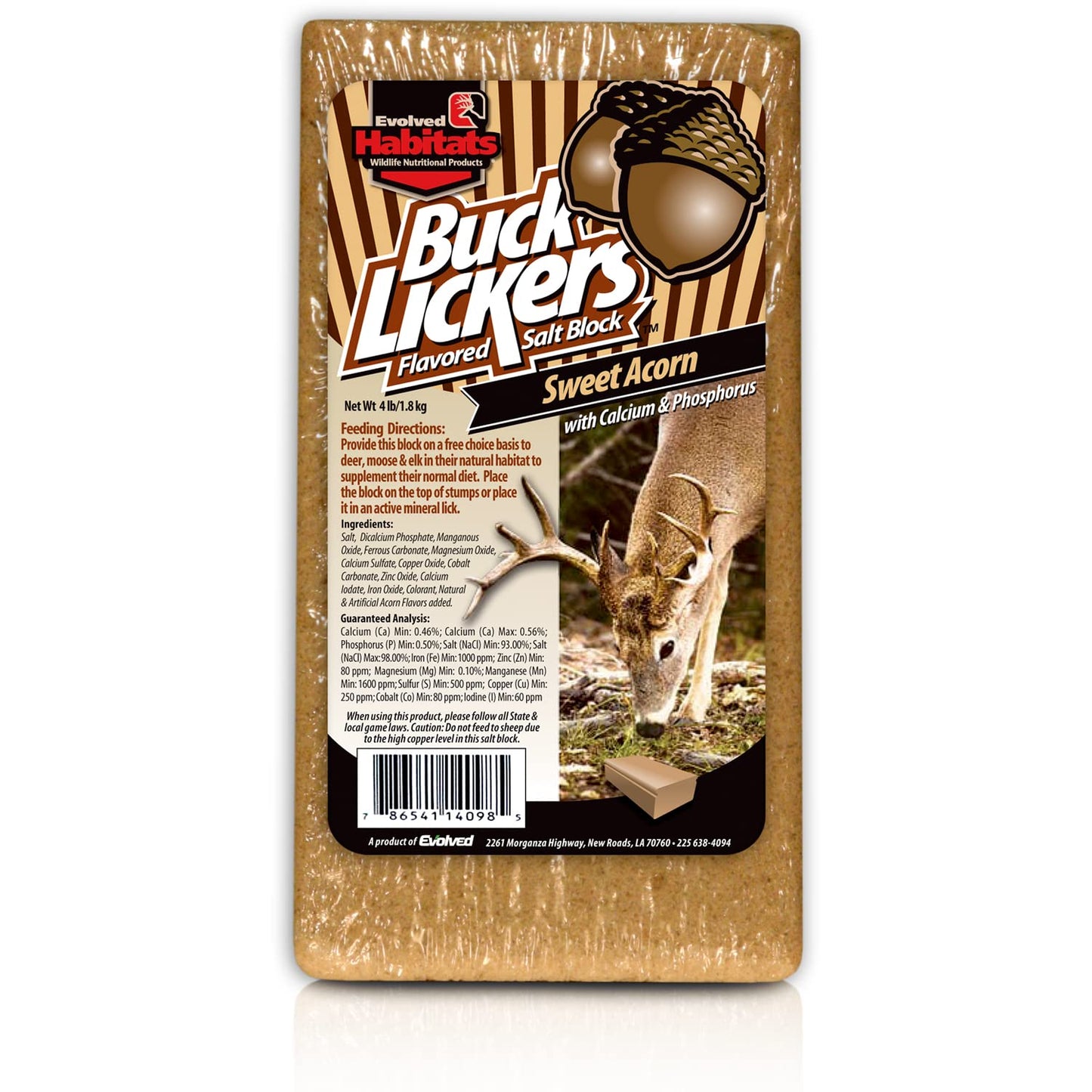 EVOLVED HABITATS Buck Lickers Sweet Acorn Salt Block 4 Lbs Mineral Deer Attractant - Ready & Easy to Use Time-Release All Year-Round Food Supplement for Deer, Elk & Moose