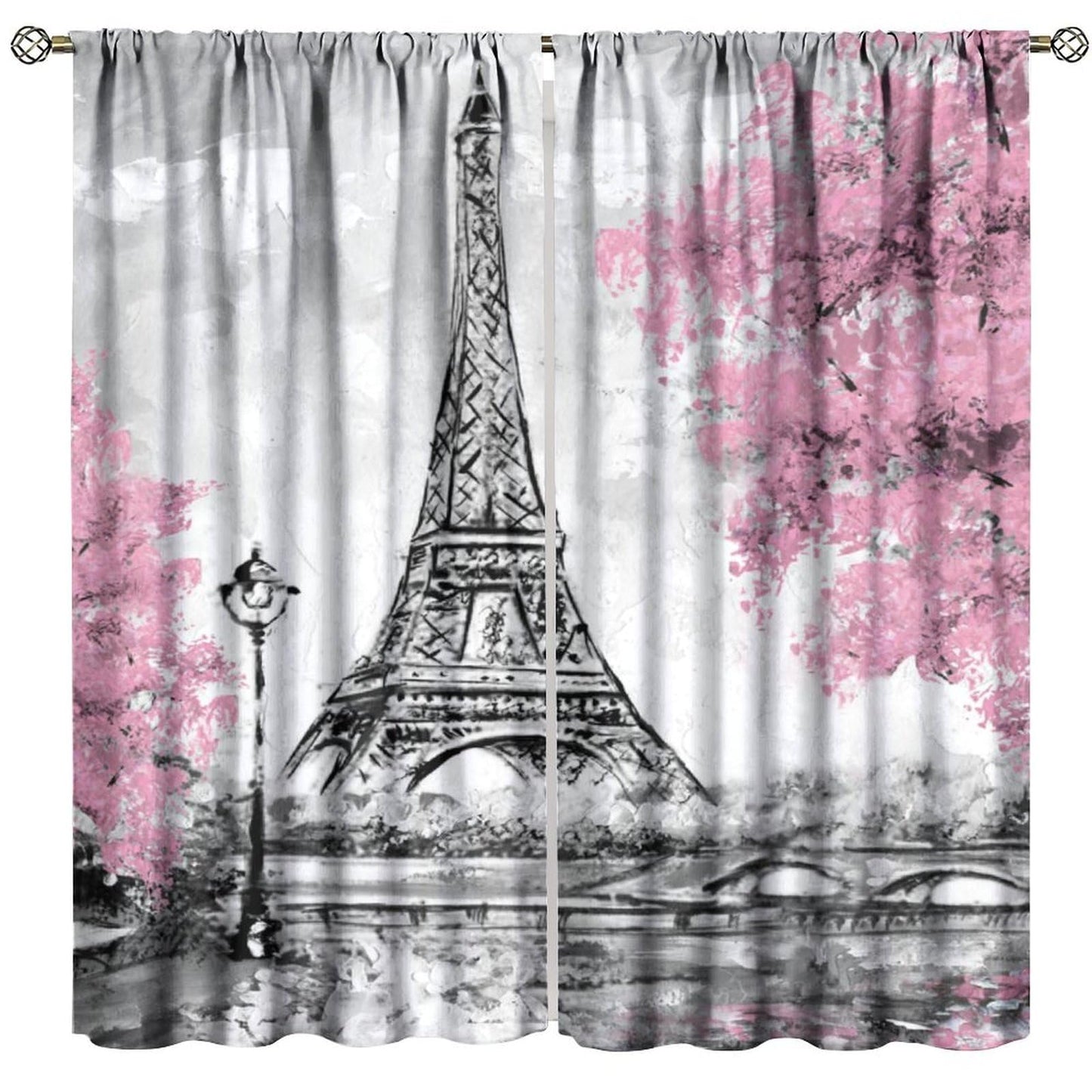 Eiffel Tower Curtains Pink Scene Romantic Decor Paris Eiffel Tower Cityscape Rod Pocket Window Treatments for Girls Women Bedroom Living Room 2 Panels 41" x 45" (No Blackout)