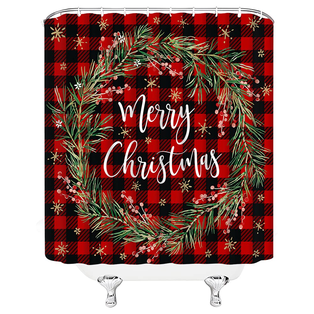 Merry Christmas Shower Curtain Xmas Garland Holly Wreath Snowflake Red Checkered Plaid Berry Winter Holiday Happy New Year Fabric Bathroom Decor Set with Hooks(70" WX70 H)
