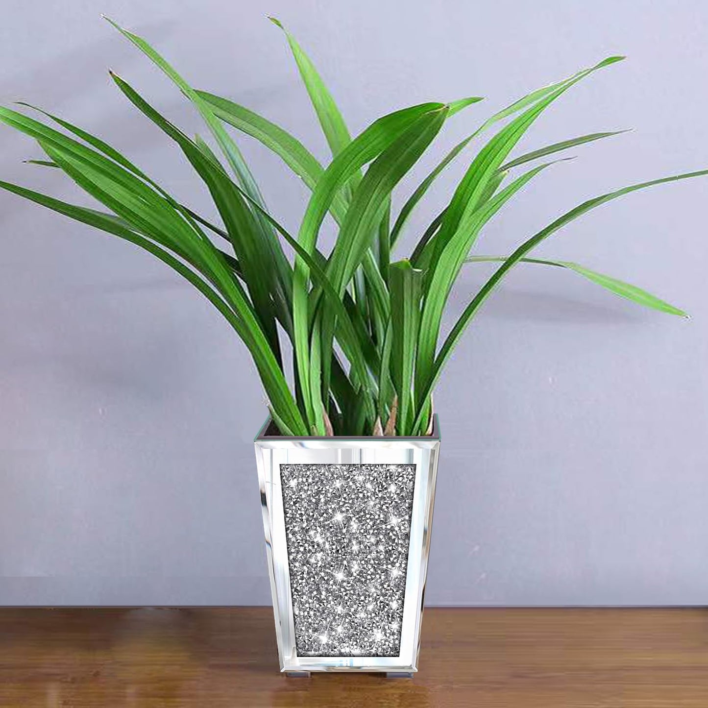 Meetart Crushed Diamond Mirrored Planter, Crystal Silver Glass Decorative Mirror Luxury Flower Pot ,with Drainage Hole and Tray for All House Plants, Succulents, Flowers, and Cactus.
