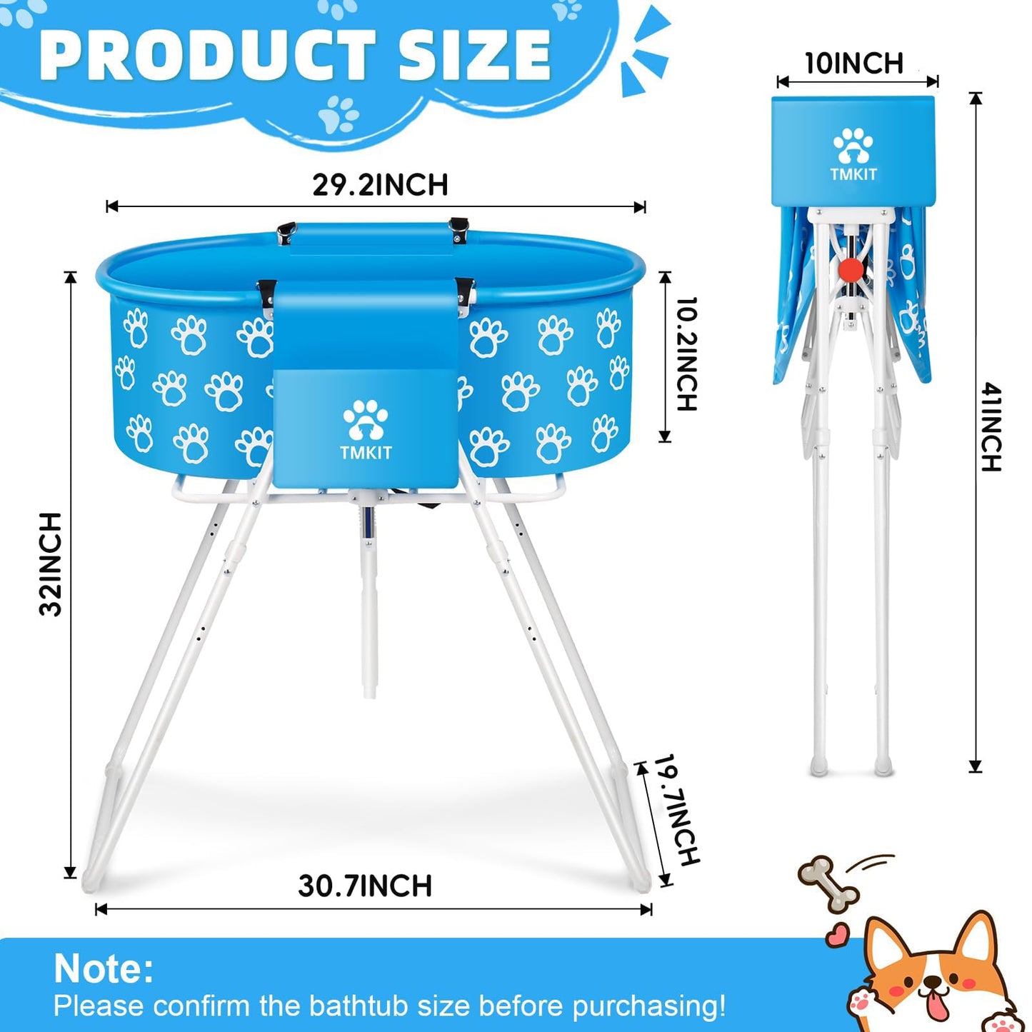 Tmkit Dog Bathtub, Elevated Dog Bath Tub for Pet Bathing Shower and Grooming. Portable, Foldable with Safety Lock, Professional Pet Dog Washing Station for Small, Medium, Large Dogs Cats, No Backache