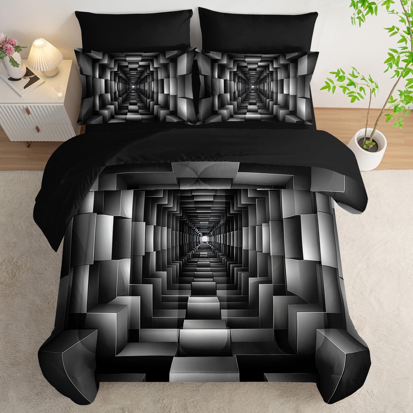 lneffble 7 Piece Black and White Checkered Comforter Set Queen,Geometric Bedding Set Boys,Geometric Bedroom Decor,(1 Comforter, 1 Flat Sheet, 1 Fitted Sheet, 2 Pillowcase and 2 Pillow Sham)