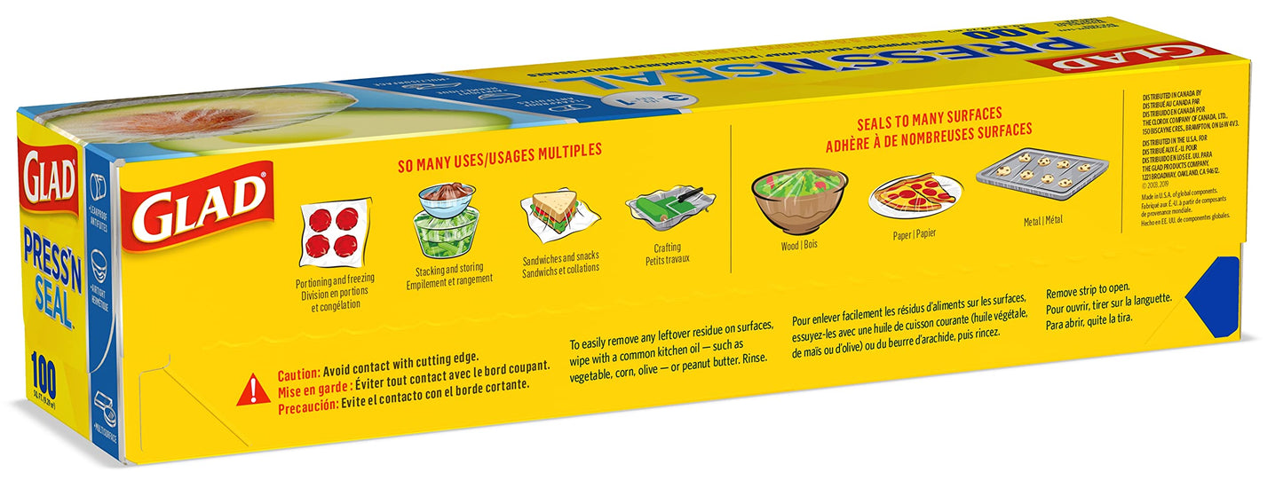 Glad Press'N Seal Plastic Food Wrap, 100 Square Foot Roll, Pack of 3, (Package May Vary)
