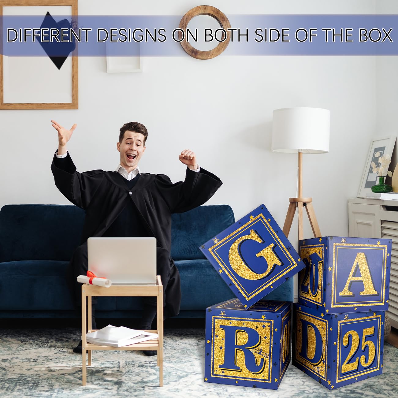 2025 Graduation Decorations Blue Class of 2025 Decorations Royal Blue and Gold Balloon Boxes with "GRAD" and"CLASS OF 2025" Letters Graduation Boxs for High School and College Grad Announcements