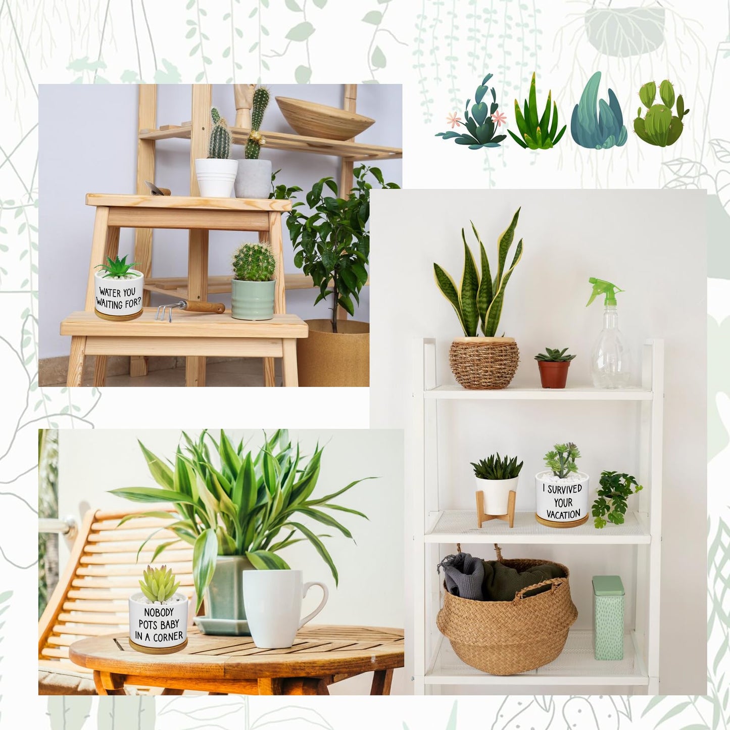 Rojuna 12 Pcs Funny Succulent Pots with Bamboo Tray White Ceramic Aloe Cactus Plant Pots Funny Plant Pots for Women Coworker Employee