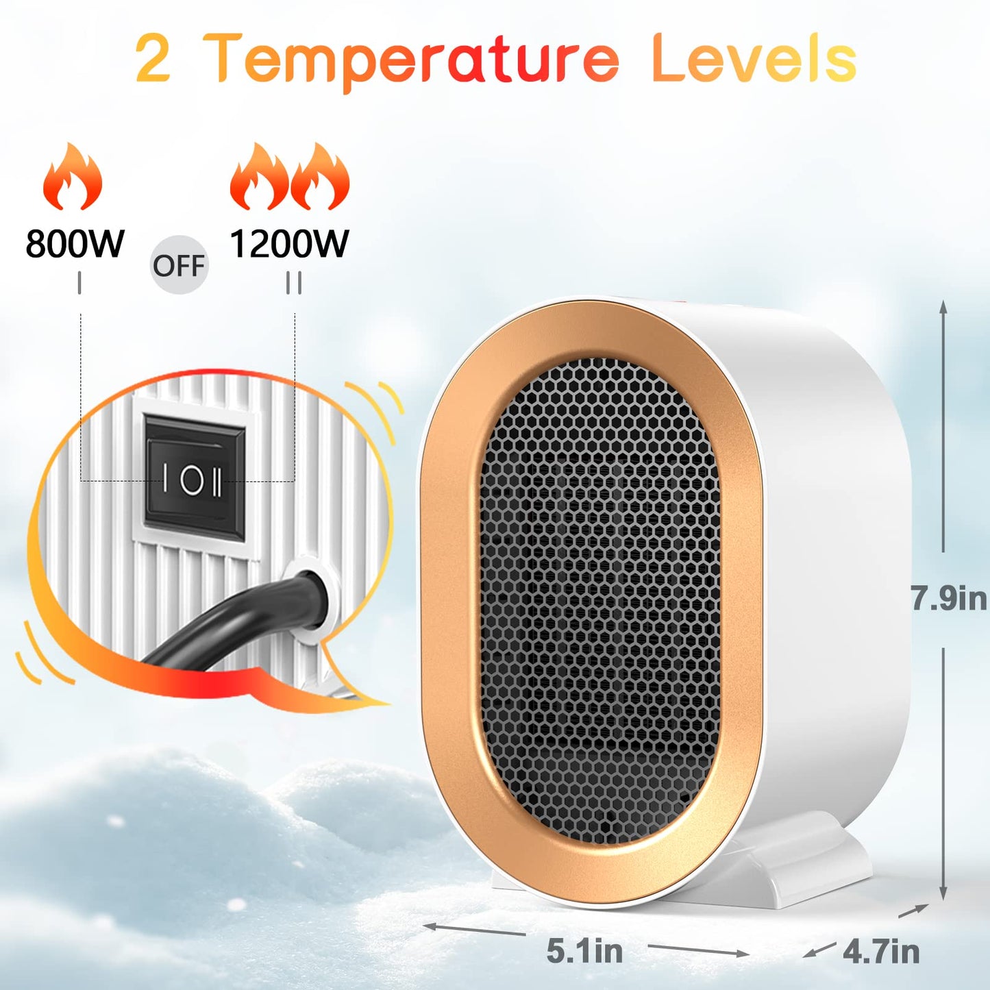 Electric Heater, Heaters for Home, 1200W Energy Efficient Space Silent Room Heater, Portable Ceramic Fan Heaters, Thermostat 2 Modes, Overheat & Tip Over Protection, for Bedroom, White