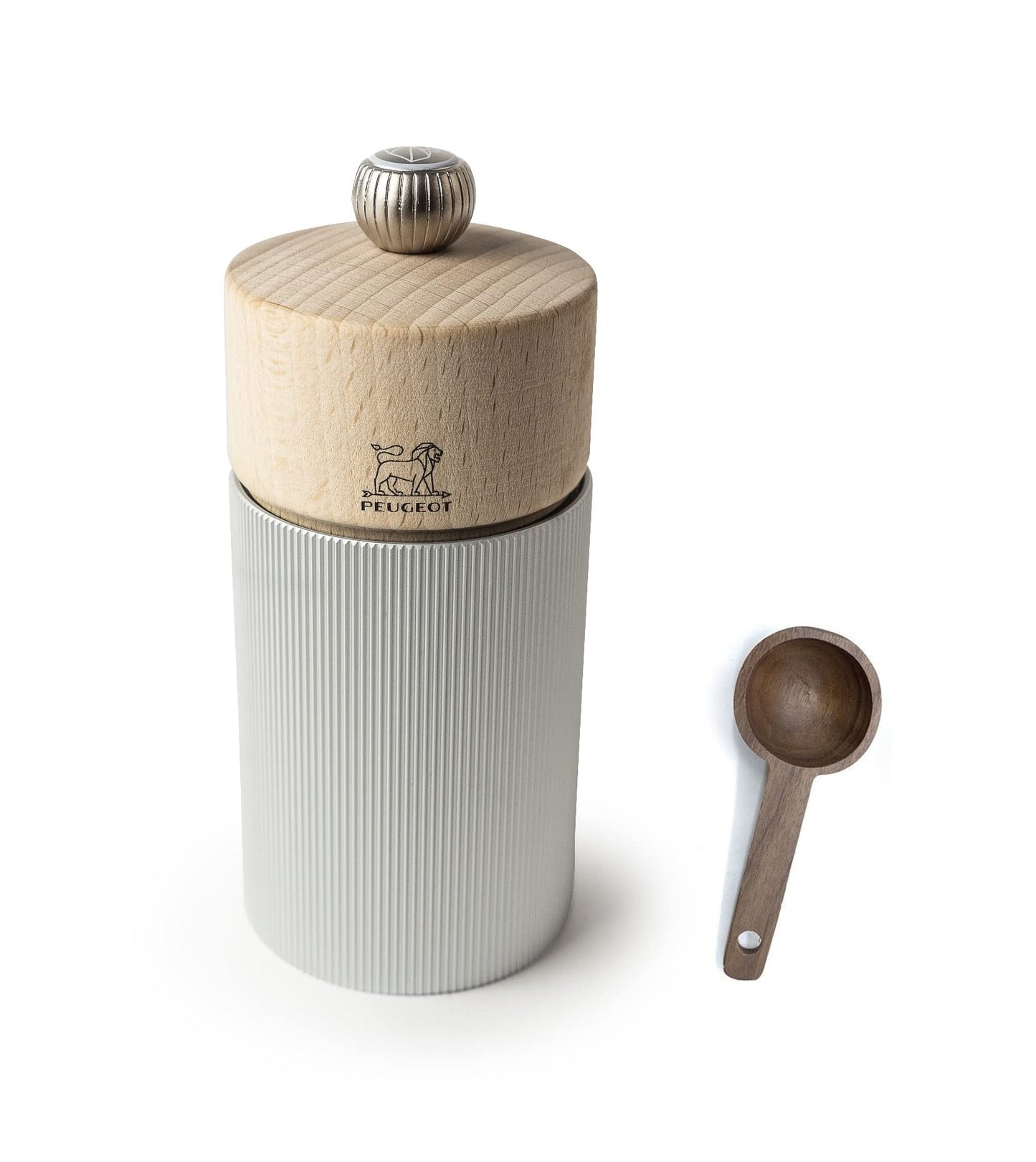 Peugeot Line Manual Salt Mill, alu, 12 cm - 4.75" Natural Wood - With Wooden Spice Scoop