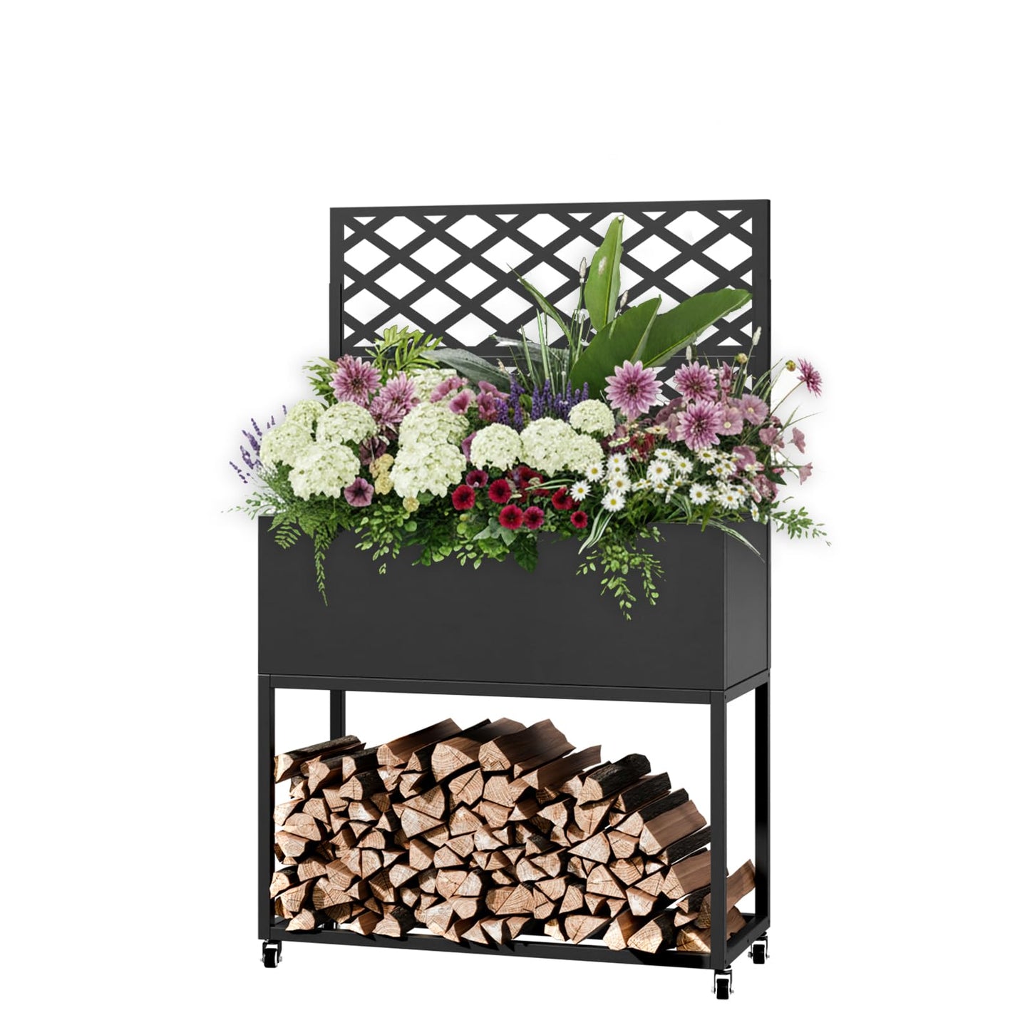 Metal Planter Box with Trellis, 3 in 1 Raised Garden Bed with Trelli & Firewood Rack, Privacy Planter Screen for Climbing Plants, Vine, Outdoor Garden Standing Beds with Drainage Holes, Wheels,Black