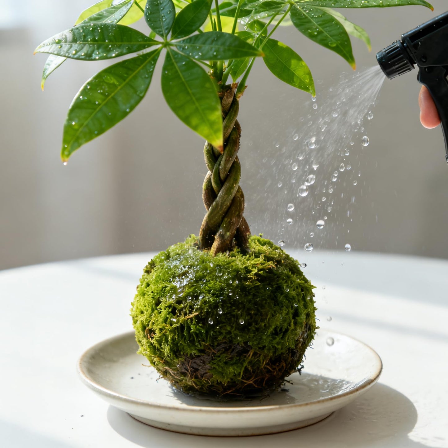 Live Plant Money Tree Kokedama, Easy to Grow, A Living Moss Ball Plant for Home Office Decor, Unique Gift