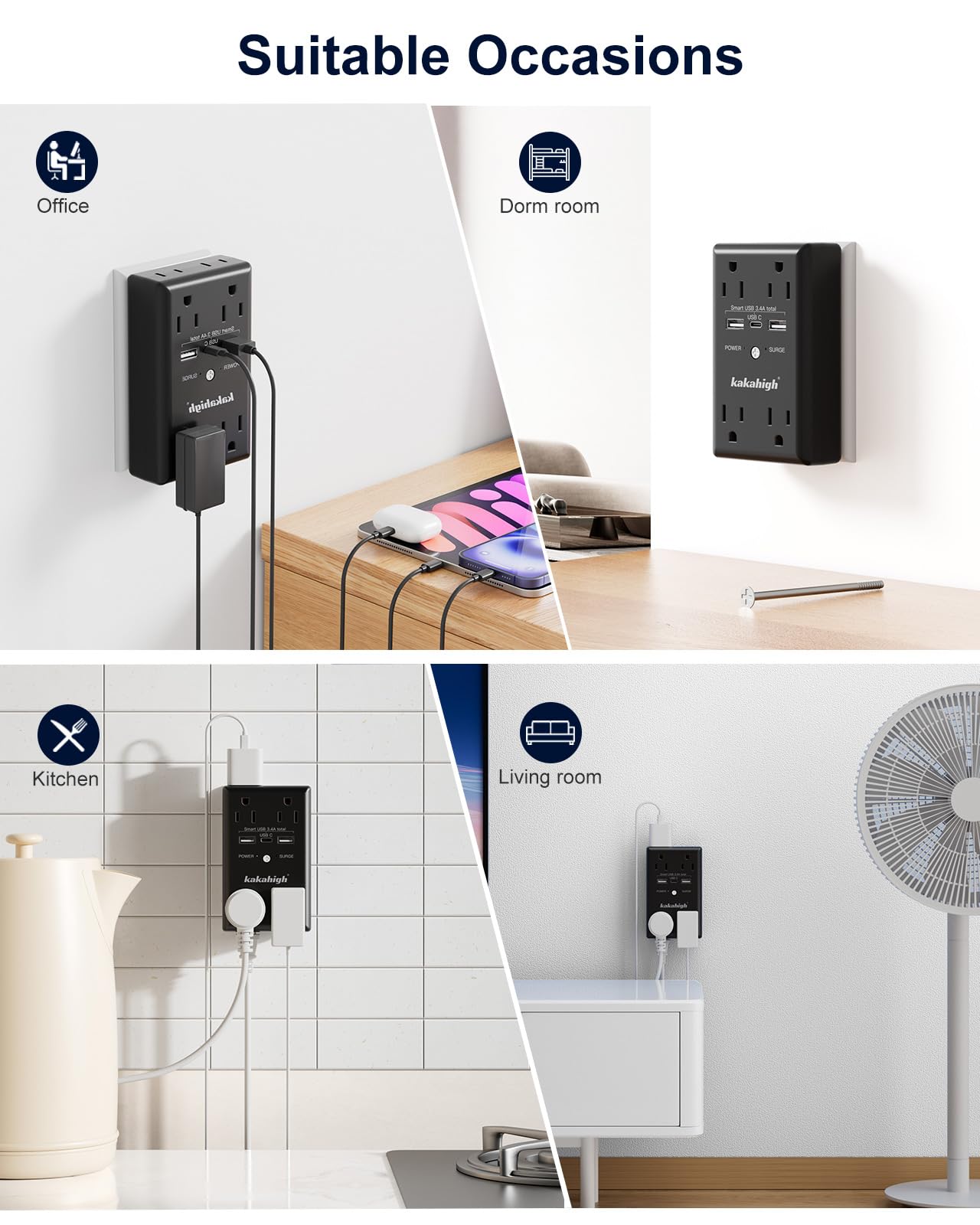 Black Wall Power Strip, 8 Way Outlets with 1680J Surge Protected, Multi Plug Wall Outlet with USB Ports, LED Indicator, 1875W Wall Mounted Surge Protectors for Dorm Room Office Kitchen