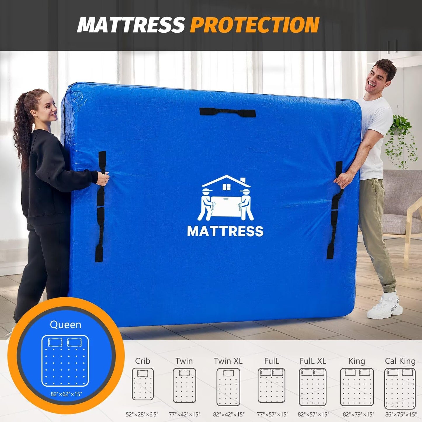 BETU Mattress Bags for Moving, Mattress Protector Waterproof Mattress Cover Queen Size Storage Bags with 8 Heavy-Duty Handles and Zipper for Bed Extra Thick Large Reusable (82"x62"x15" Blue)