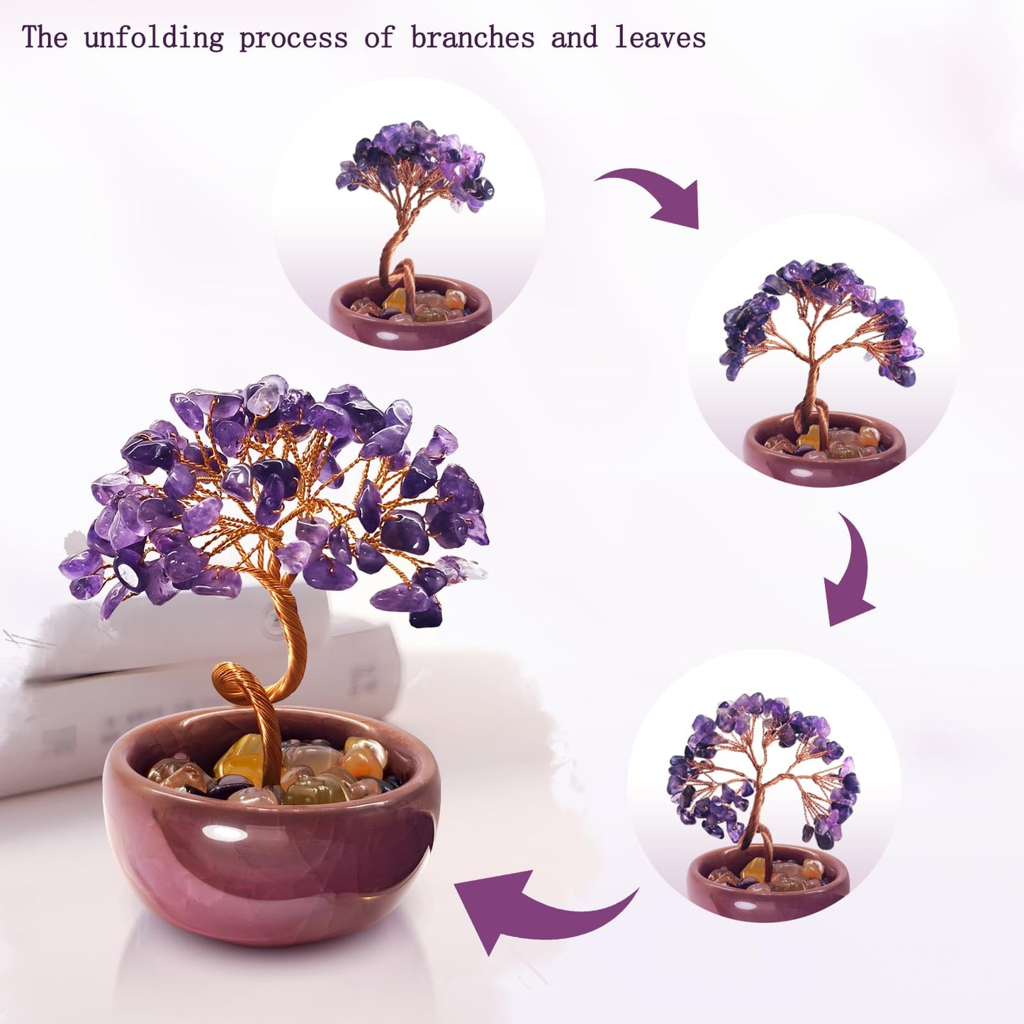 Janyortrenner Mini Amethyst Crystals Tree of Life,Mystical Energy Home Office Desk Decor,Handmade Crystal with Copper Wire and Crackle Glaze Base,Spiritual Gift