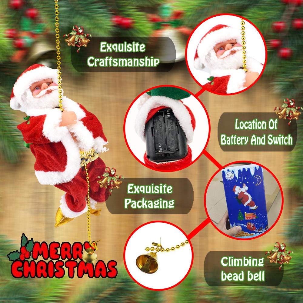 SKLOER Electric Animated Climbing Santa Claus 2022 Christmas Ornament On Rope Ladder, Indoor/Outdoor Hanging Christmas Tree Decoration