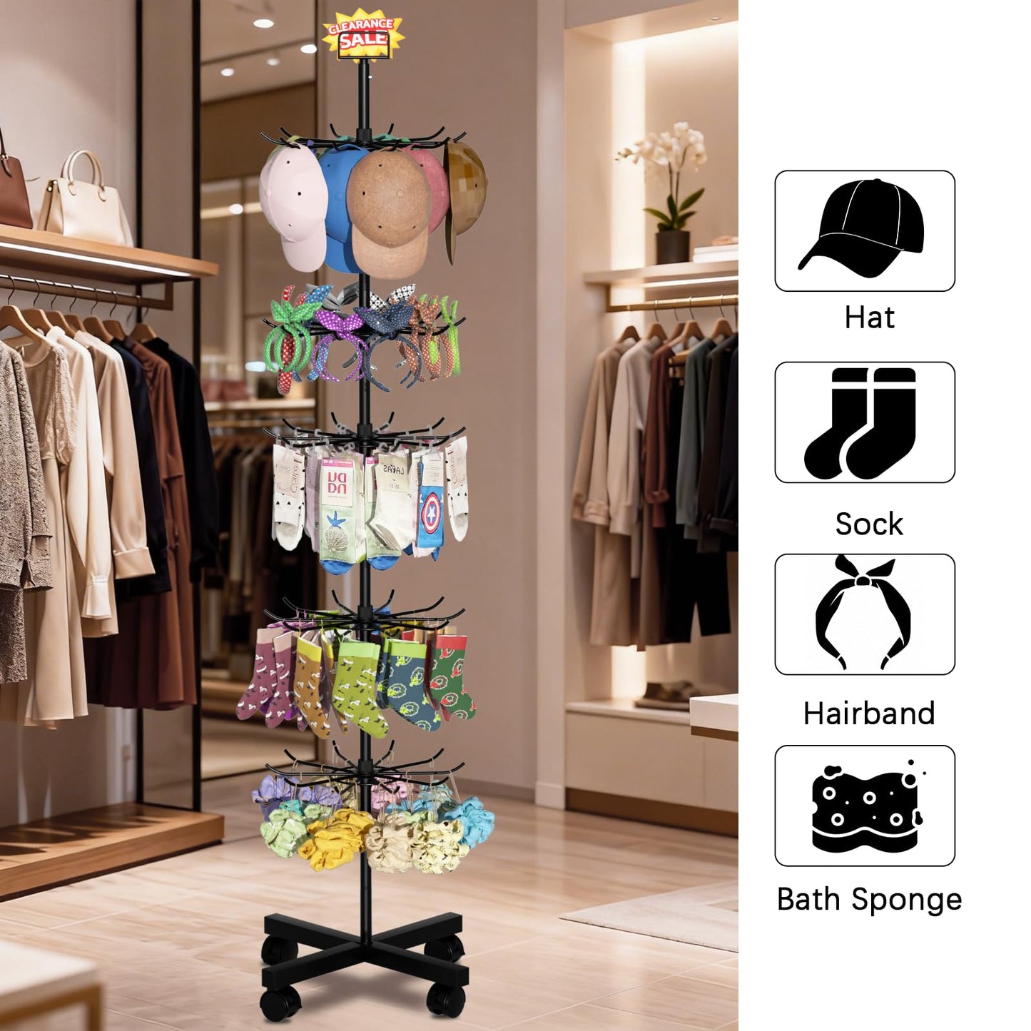 Exttlliy Retail Display Stand Store Display Rack 6 Tier Metal Spinning Display Stand Rack with Wheels Keychain Jewelry Stocking Hat Stand with Hooks for Malls, Showroom, Retail Store (6 Tier Black)
