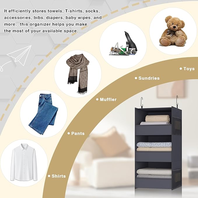 3-Shelf Hanging Closet Organizer and Storage, Foldable Hanging Closet Shelves